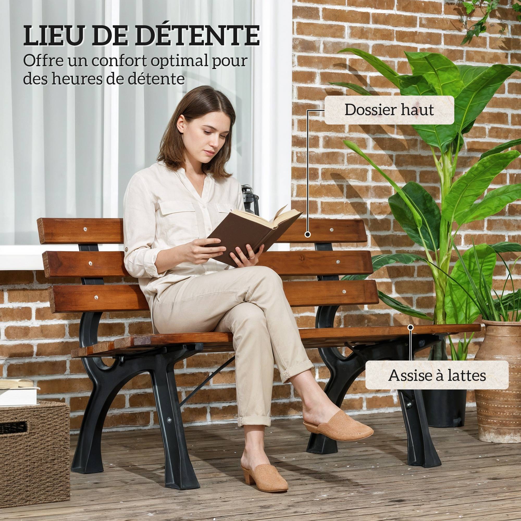 Banc de jardin extérieur 2 places en aluminium et lattes de bois, dim. 120L x 57l x 70H cm - Image 6