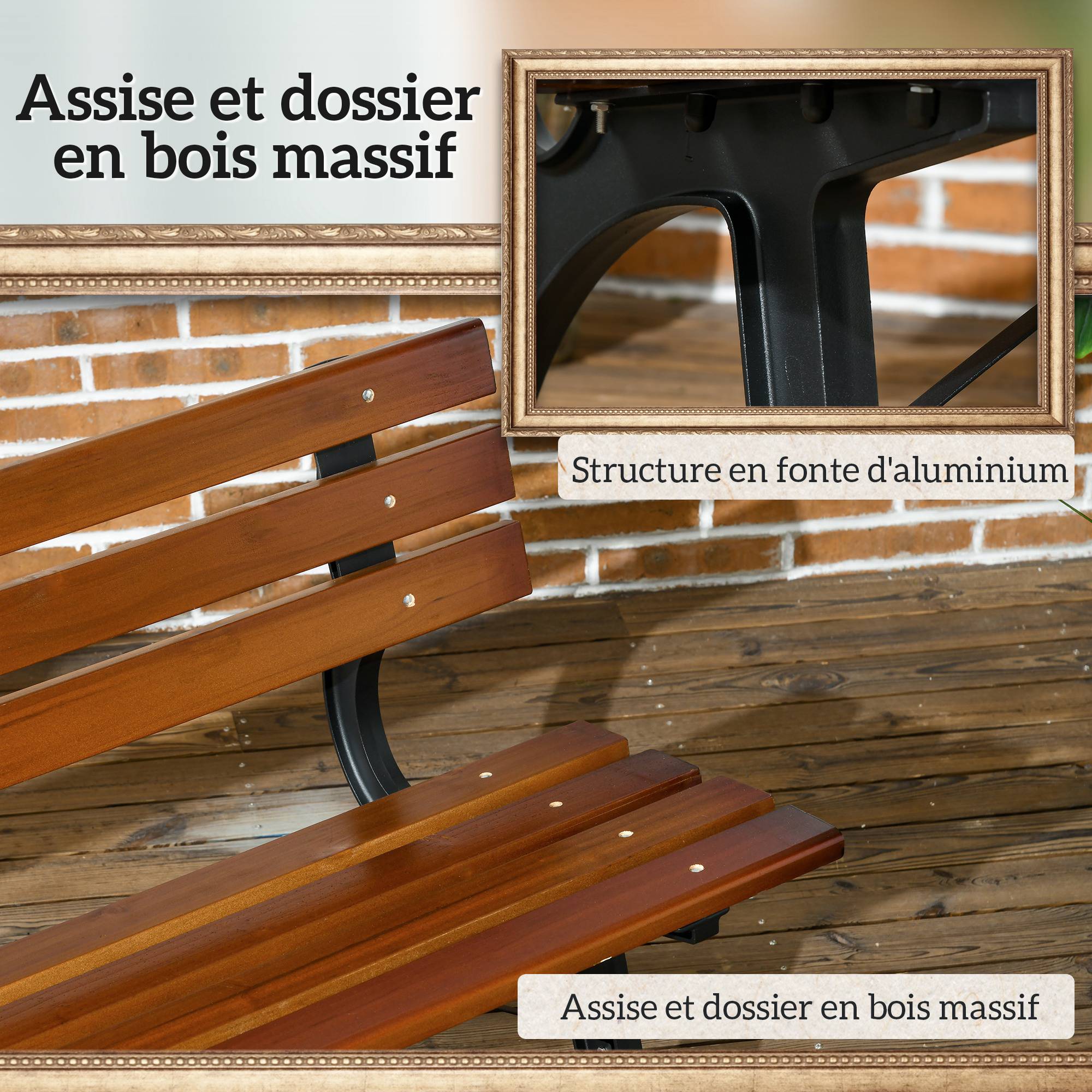 Banc de jardin extérieur 2 places en aluminium et lattes de bois, dim. 120L x 57l x 70H cm - Image 7