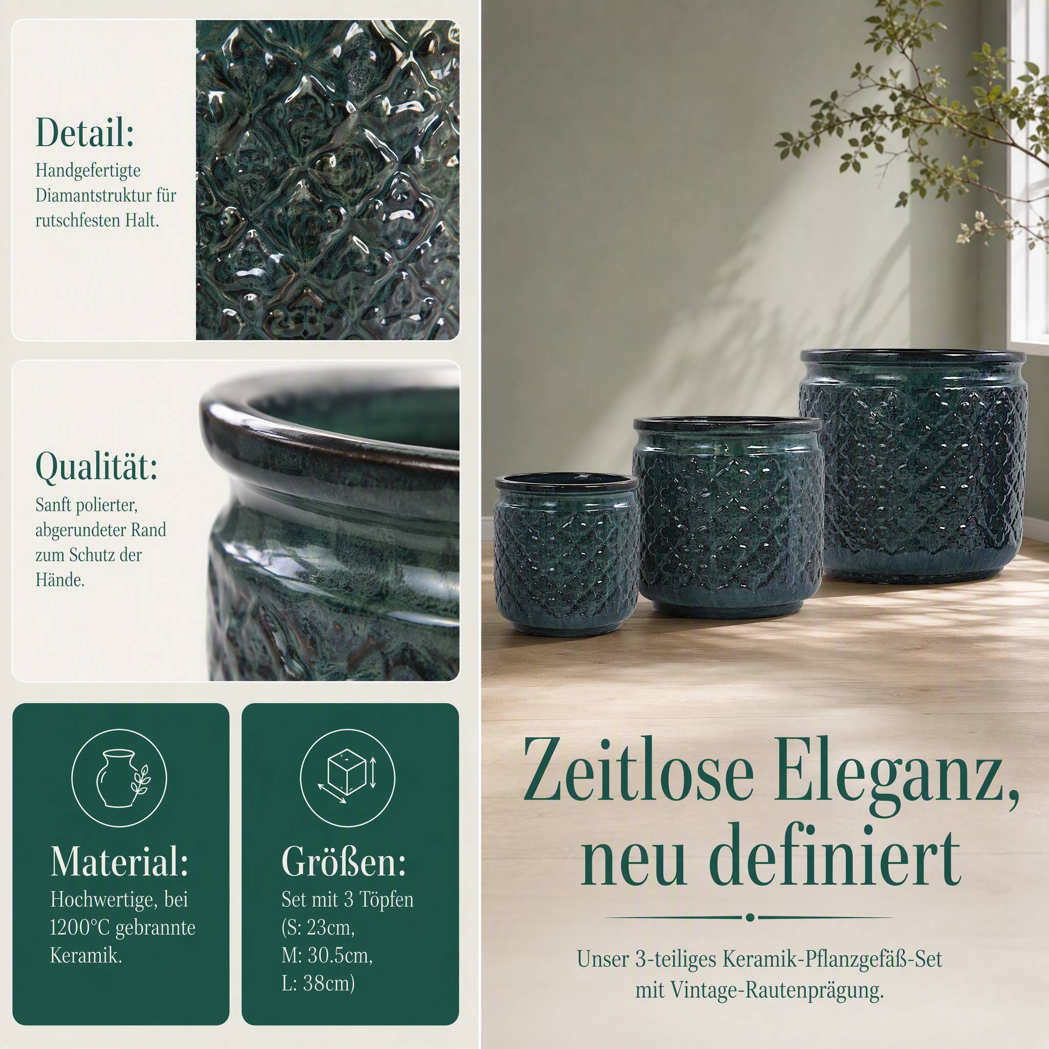 ComfortXL - Lot de 3 pots de fleurs en céramique vert foncé Ø38,1/30,5/22,9 cm intérieur extérieur avec drainage - Image 3