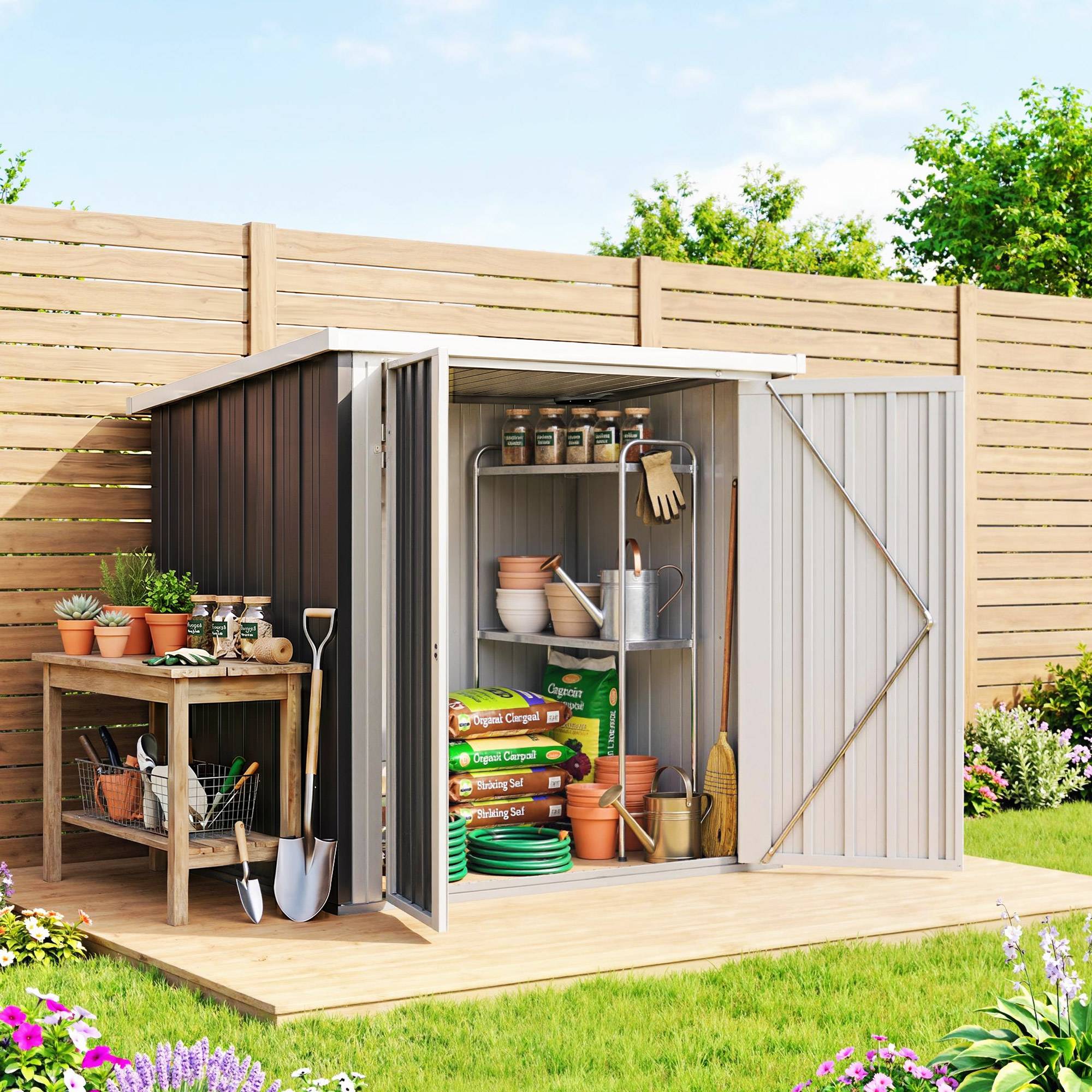 Sans Marque - Abri jardin tôle acier double porte 147x86x134 cm noir blanc - Image 4