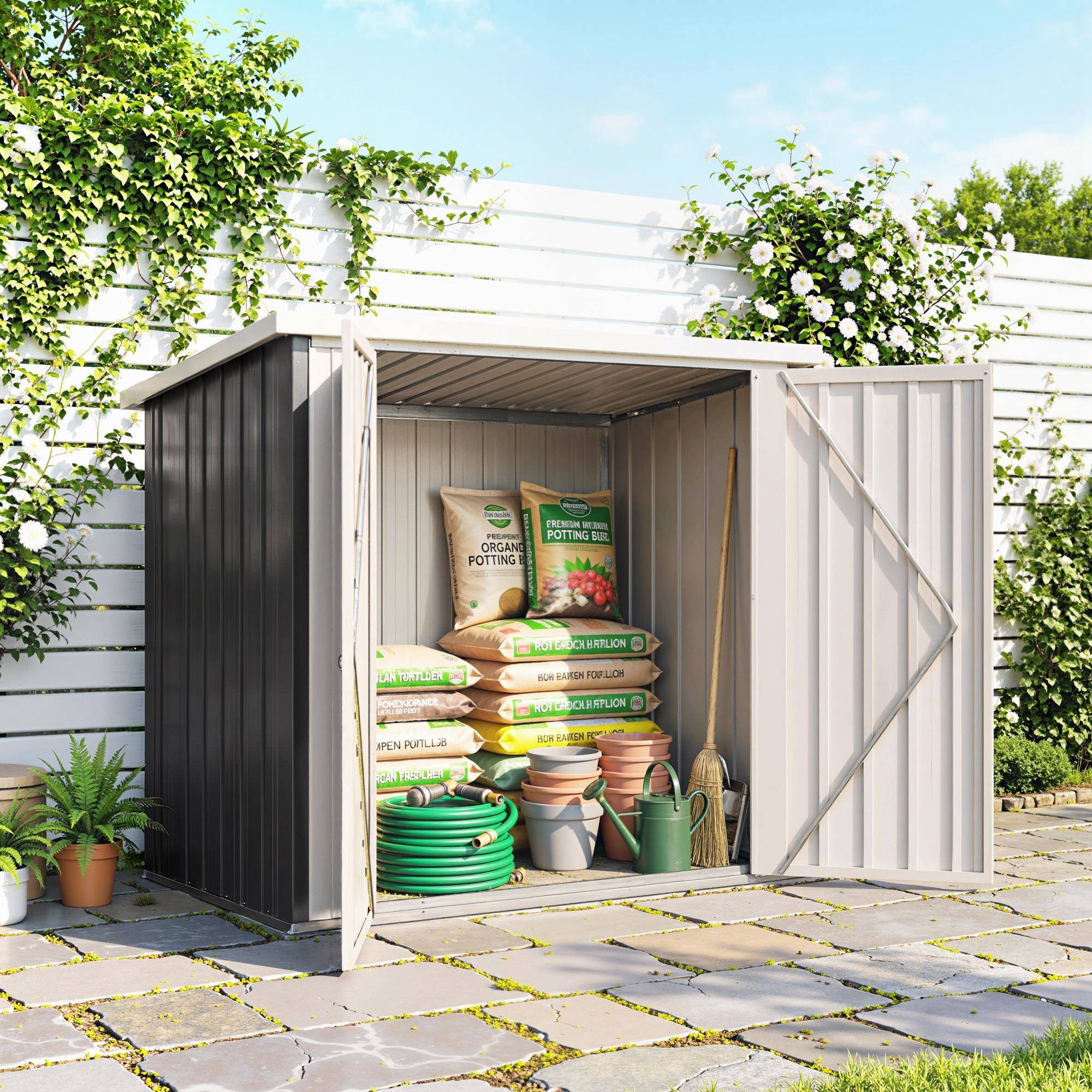 Sans Marque - Abri jardin tôle acier double porte 147x86x134 cm noir blanc - Image 3