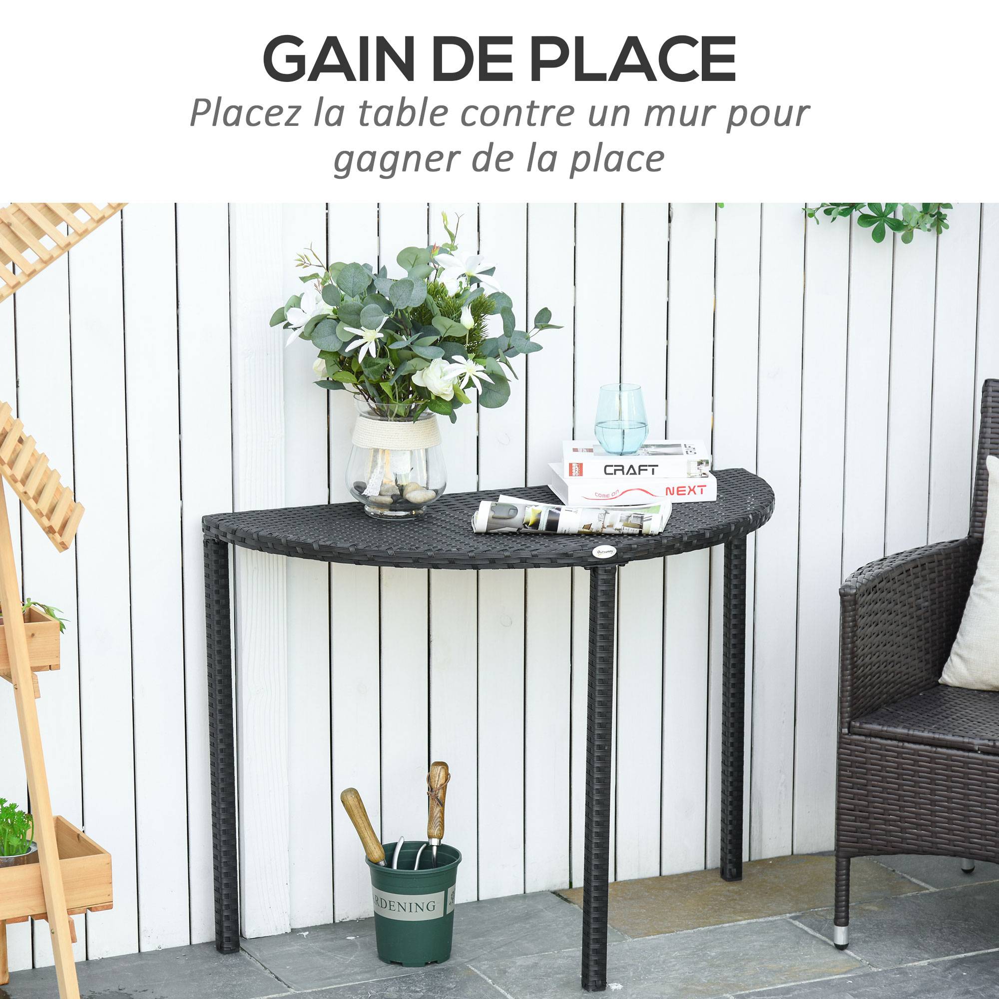 Table de jardin demi cercle - table de balcon demi lune - 100L x 50l x 74H cm résine tressée 4 fils imitation - Image 6