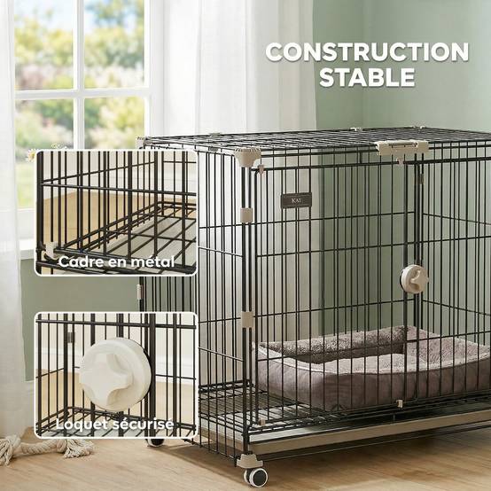 Cage chien pliable métal intérieur roues toit verrouillable 75,5x46x64,5cm noir - ComfortXL Outdoor Living - Image 7