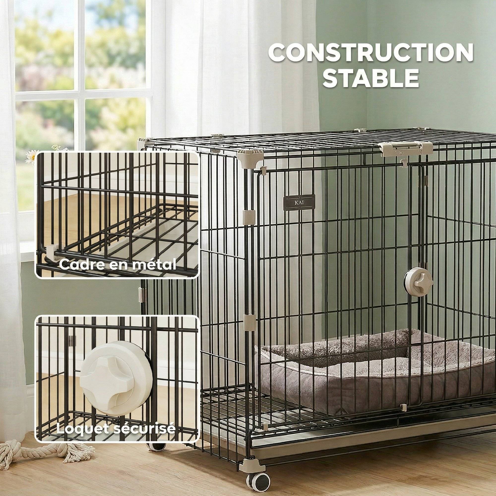 Cage chien pliable métal intérieur roues toit verrouillable 75,5x46x64,5cm noir - ComfortXL Outdoor Living - Image 7