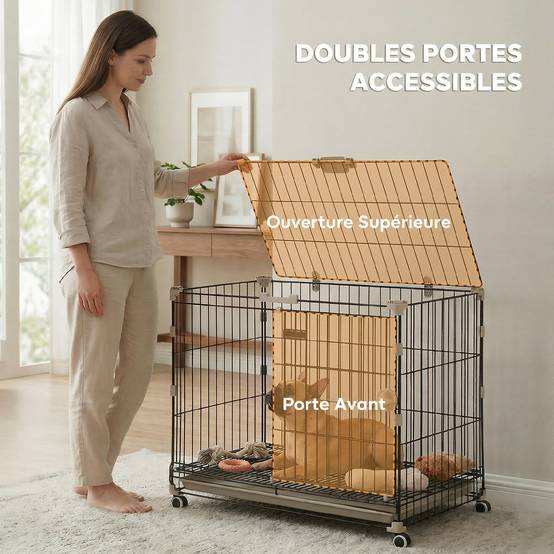 Cage chien pliable métal intérieur roues toit verrouillable 75,5x46x64,5cm noir - ComfortXL Outdoor Living - Image 8