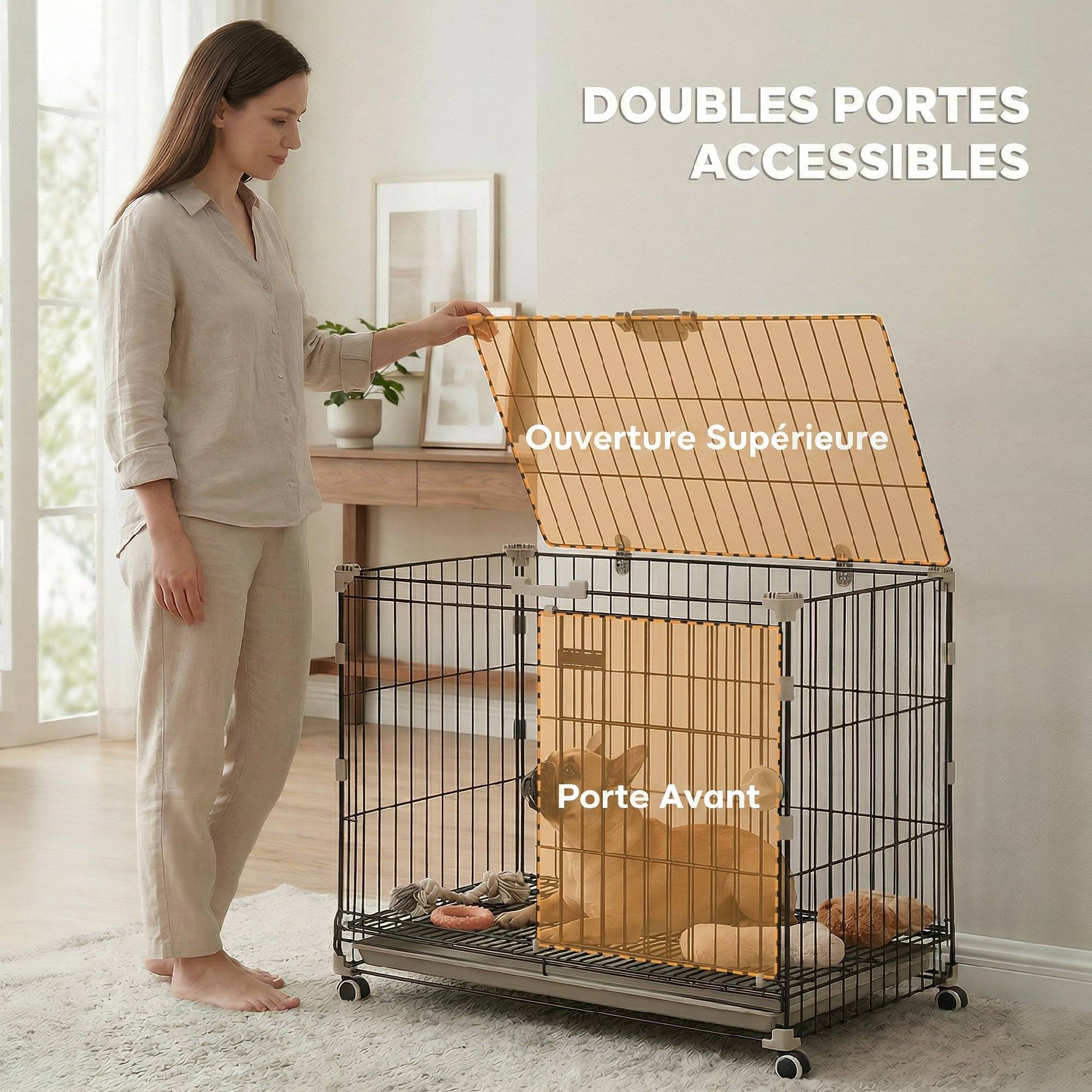 Cage chien pliable métal intérieur roues toit verrouillable 75,5x46x64,5cm noir - ComfortXL Outdoor Living - Image 8
