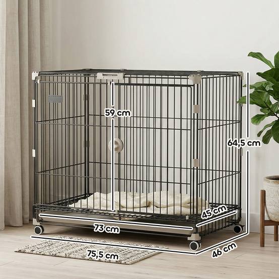 Cage chien pliable métal intérieur roues toit verrouillable 75,5x46x64,5cm noir - ComfortXL Outdoor Living - Image 5