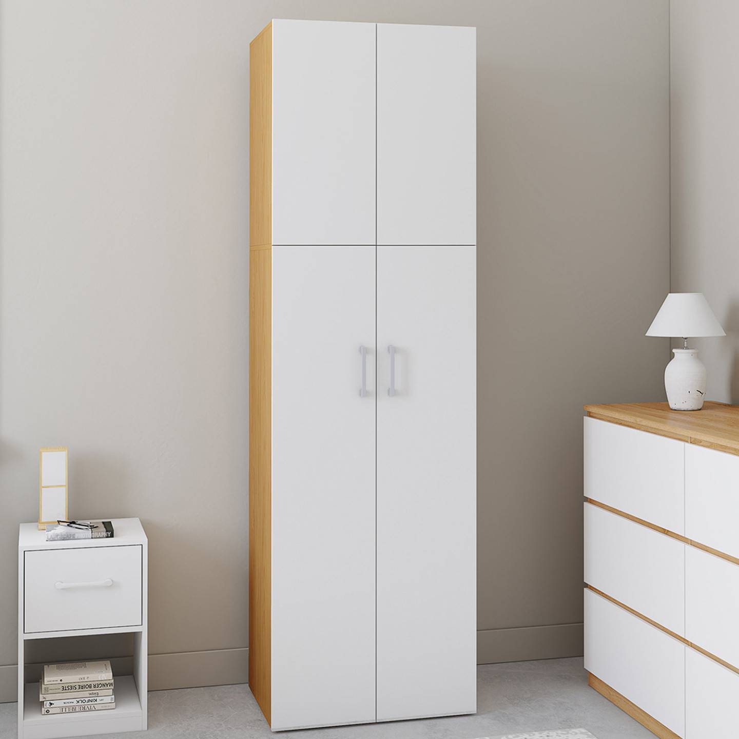 IDMARKET - Armoire 2 portes JULIANA blanc et bois penderie 50 cm avec étagère - Image 1