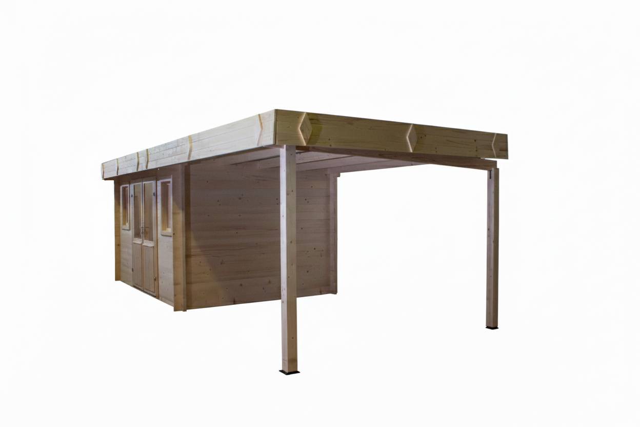 Habrita - Abri Madriers bois massif - 42 mm- surface extérieur 28,46 m2 avec bûcher  - Toit plat - bac acier - Image 5