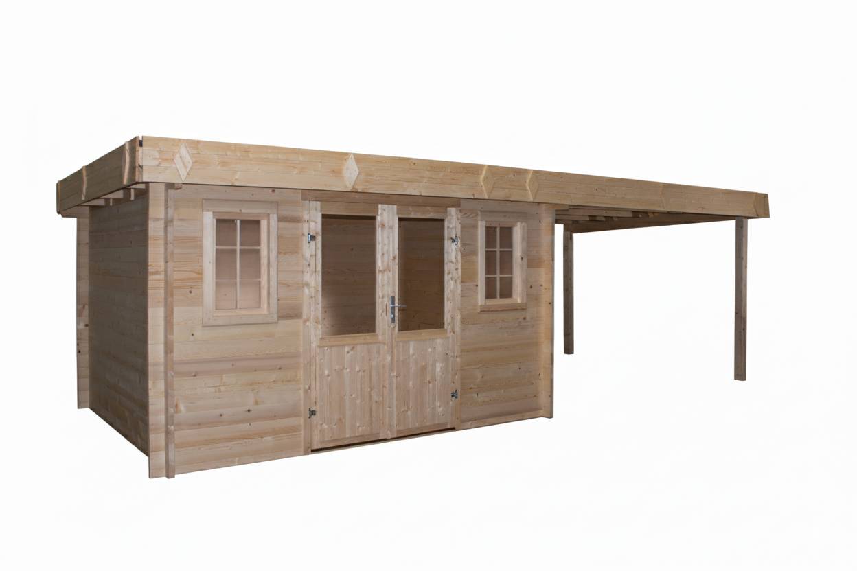 Habrita - Abri Madriers bois massif - 42 mm- surface extérieur 28,46 m2 avec bûcher - Toit plat - bac acier - Image 4