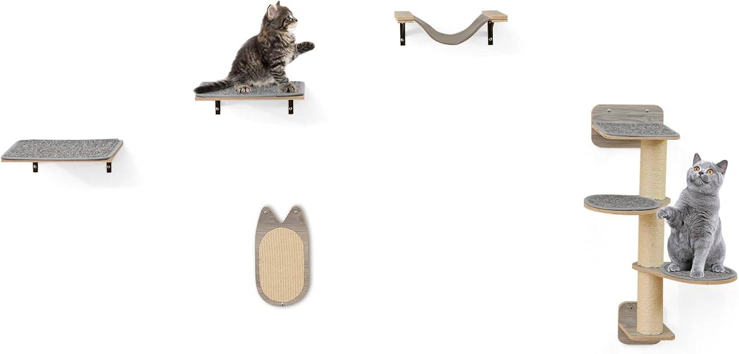 Arbre a Chat Mural, 5 Plateformes, Poteaux à Griffer et Planche à Griffer en Sisal, Hamac, Coussin Amovible, Structure Triangulaire Stable - Image 1