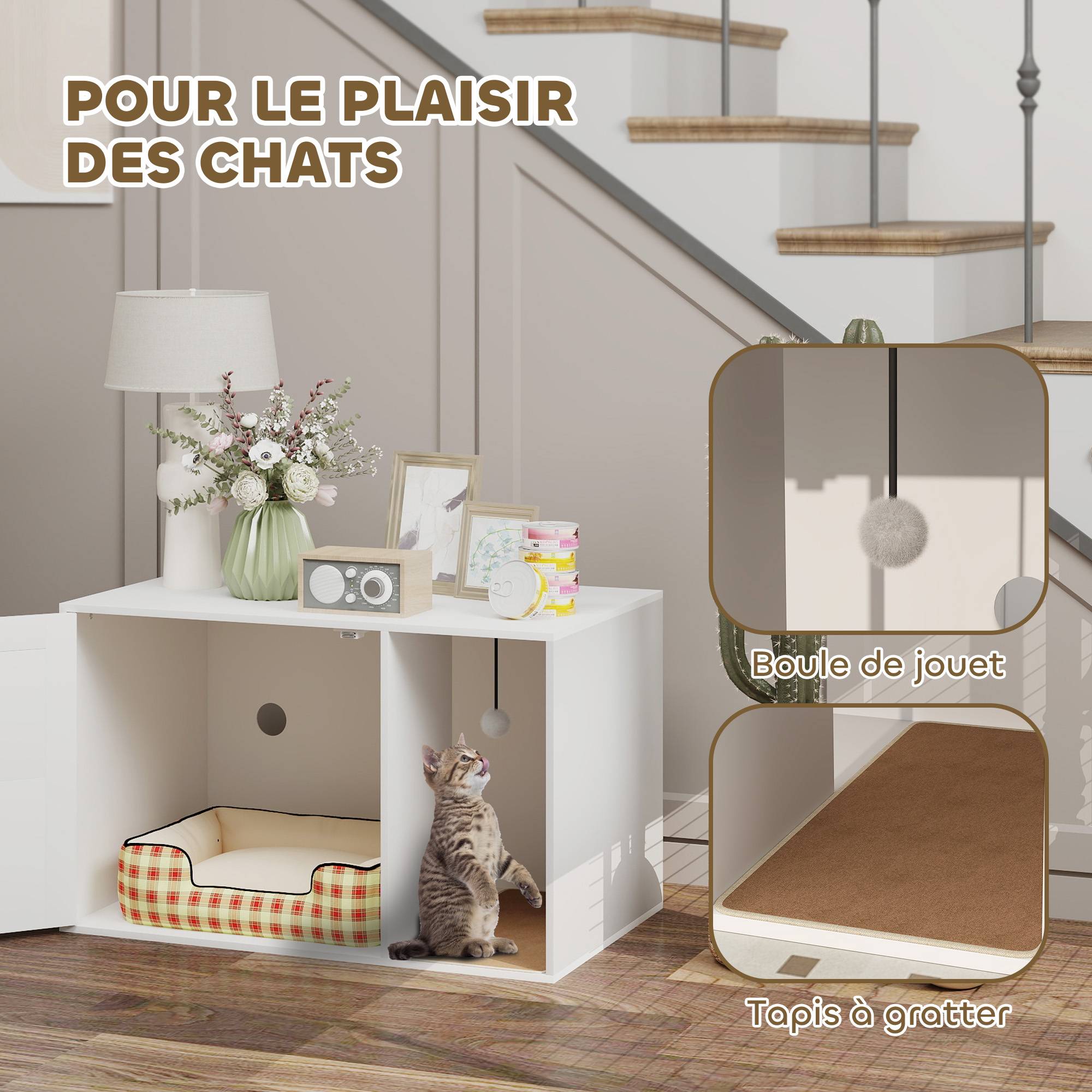 Sans Marque - Maison de toilette chat meuble litière pour chat tapis griffoir porte avec poignées style bohème 80 x 50 x 50 cm blanc - Image 9