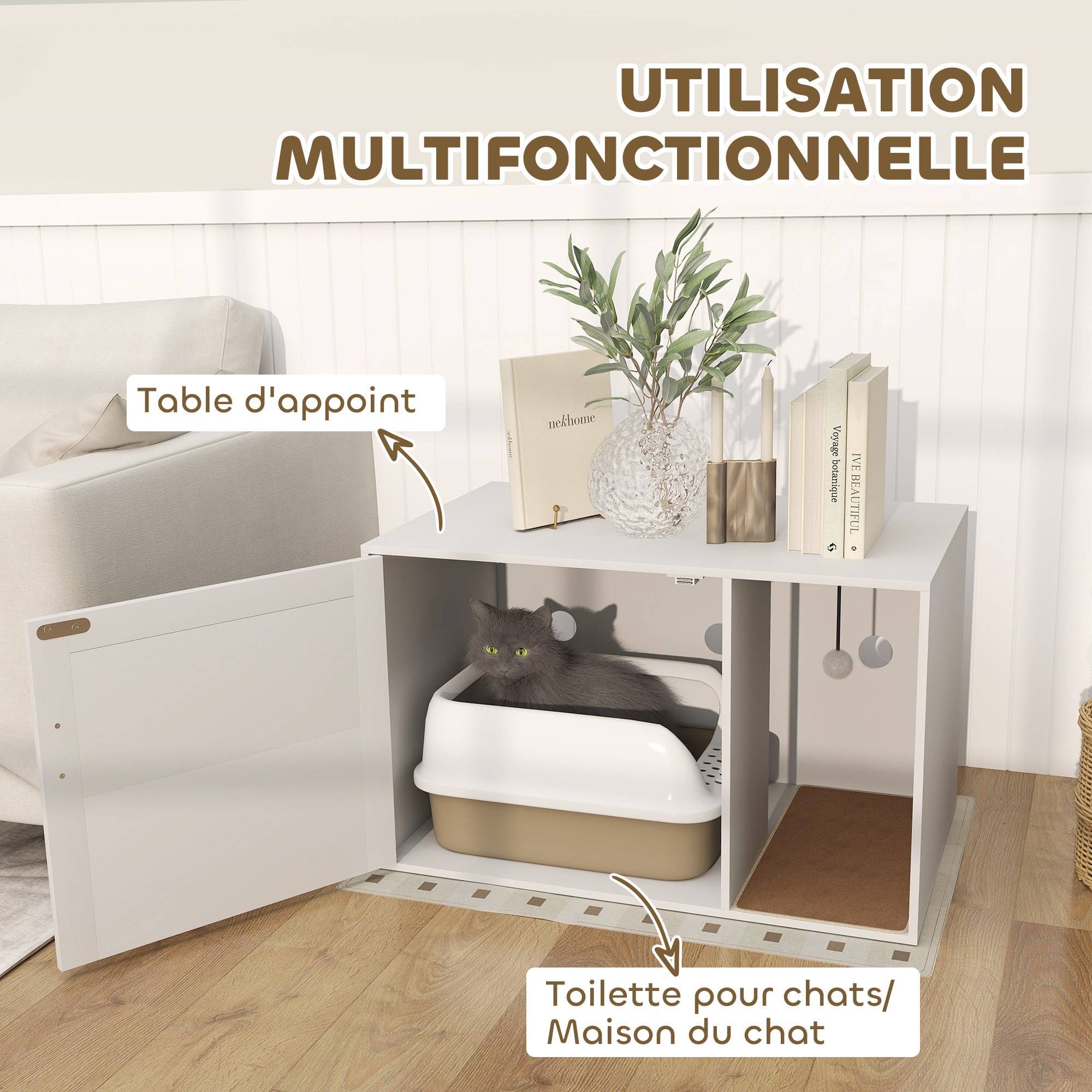 Sans Marque - Maison de toilette chat meuble litière pour chat tapis griffoir porte avec poignées style bohème 80 x 50 x 50 cm blanc - Image 6