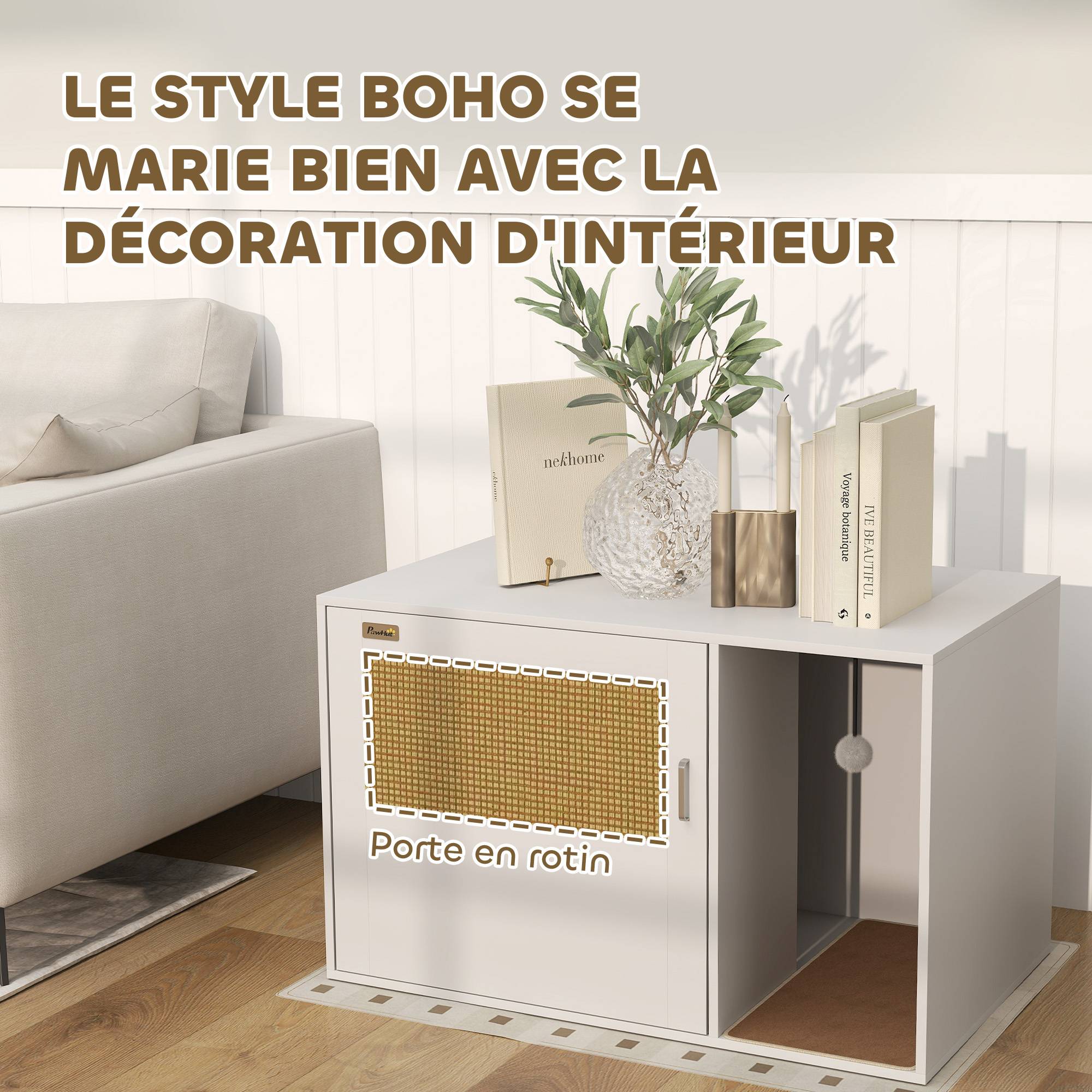 Sans Marque - Maison de toilette chat meuble litière pour chat tapis griffoir porte avec poignées style bohème 80 x 50 x 50 cm blanc - Image 8
