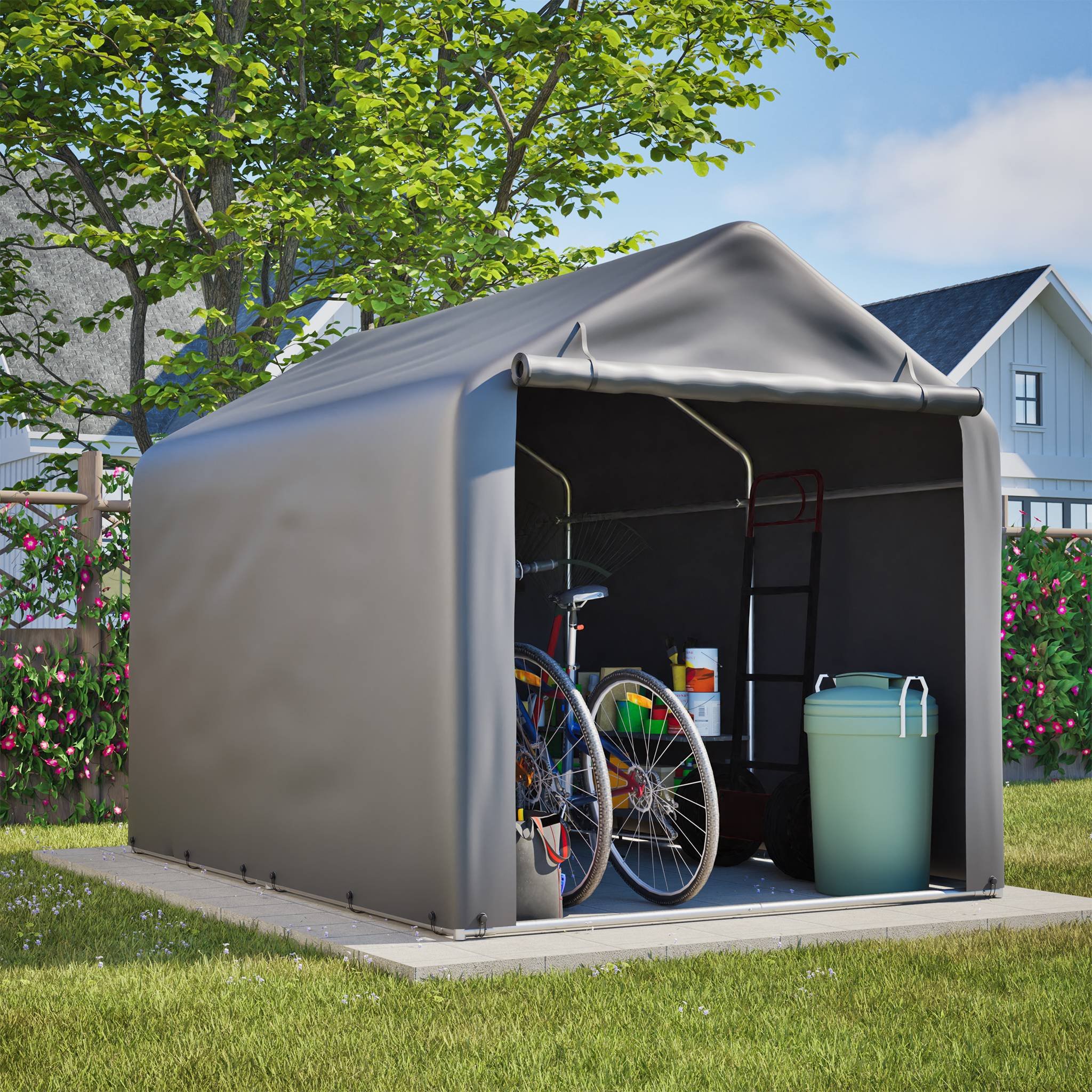 Garage à vélos 160x220x165cm gris PE imperméable avec porte roulante, rangement pour jardin - Image 10