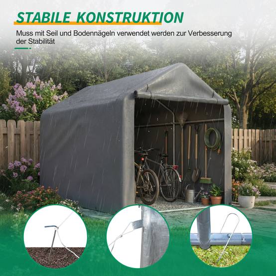 Garage à vélos 160x220x165cm gris PE imperméable avec porte roulante, rangement pour jardin - Image 4
