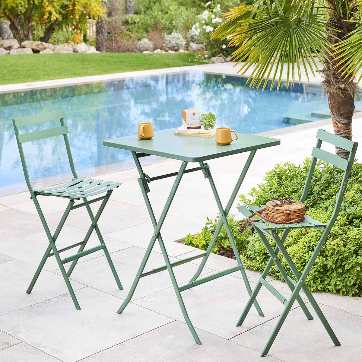 Hesperide - Table haute pliante de jardin "Greensboro" vert olive 2 places en acier traité époxy Hespéride - Image 5