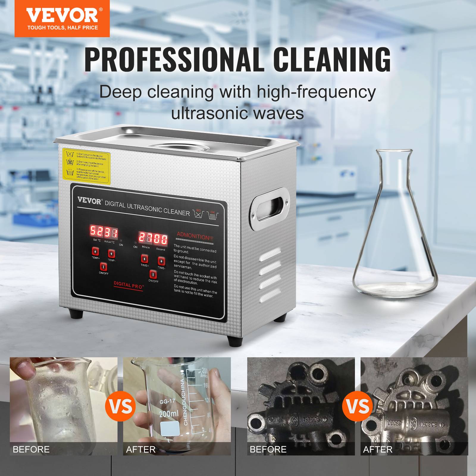 VEVOR Nettoyeur ultrasons 3L inox numérique, chauffage, réglable temps/température, labo/pro. - Image 2