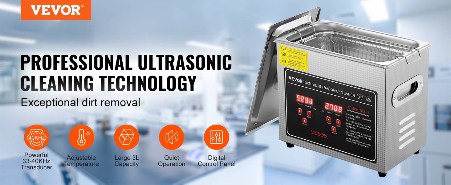 VEVOR Nettoyeur ultrasons 3L inox numérique, chauffage, réglable temps/température, labo/pro. - Image 9