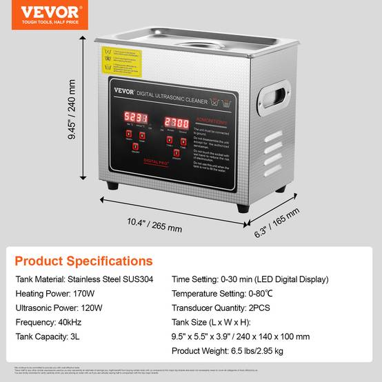 VEVOR Nettoyeur ultrasons 3L inox numérique, chauffage, réglable temps/température, labo/pro. - Image 7
