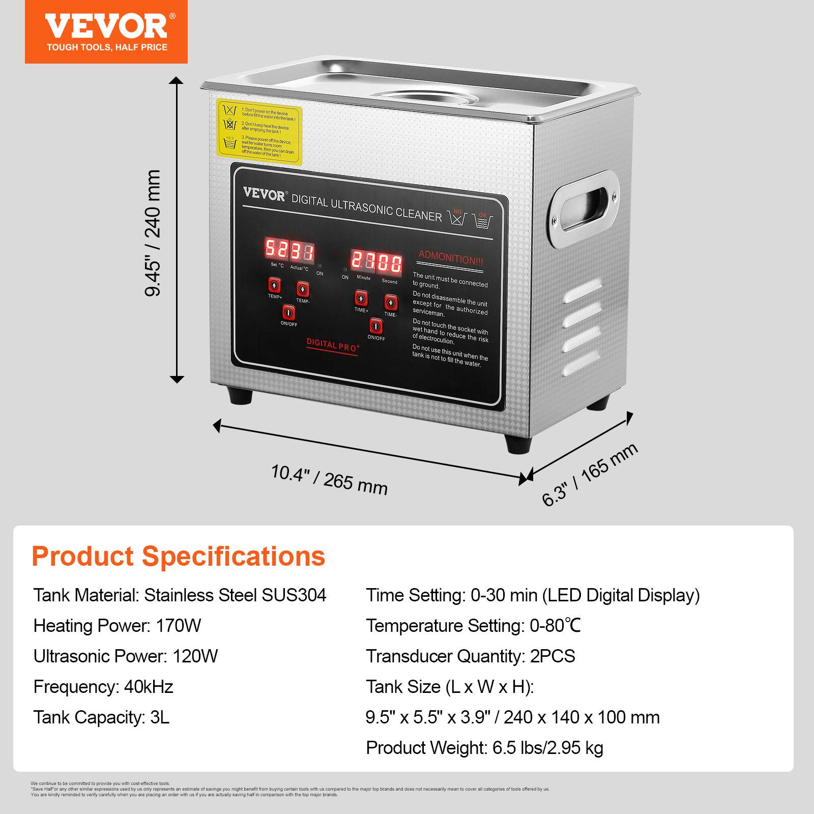 VEVOR Nettoyeur ultrasons 3L inox numérique, chauffage, réglable temps/température, labo/pro. - Image 7