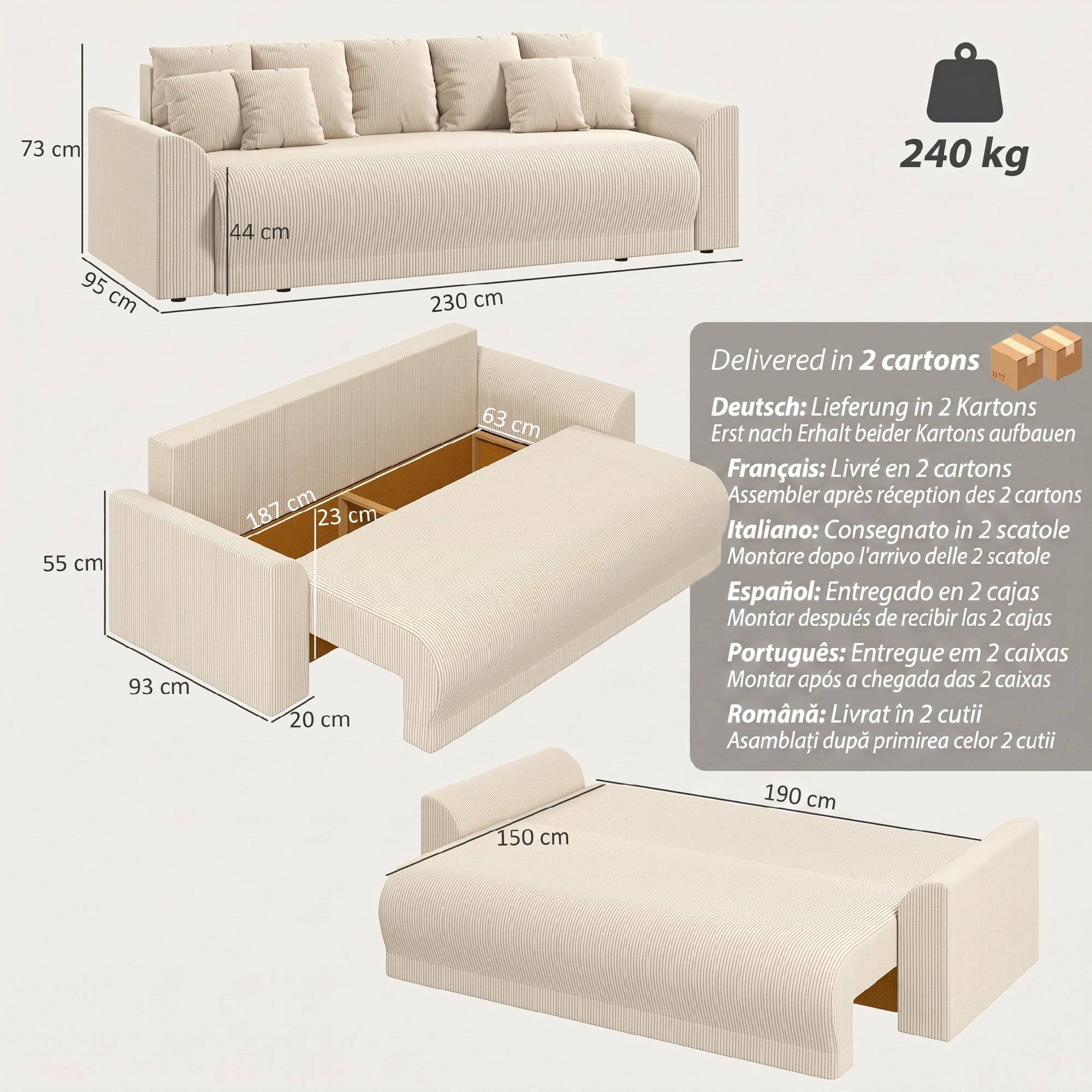 Canapé-lit 3 places 230 cm avec fonction couchage, coussins, espace de rangement, aspect velours côtelé, beige, idéal pour le salon. - Image 5