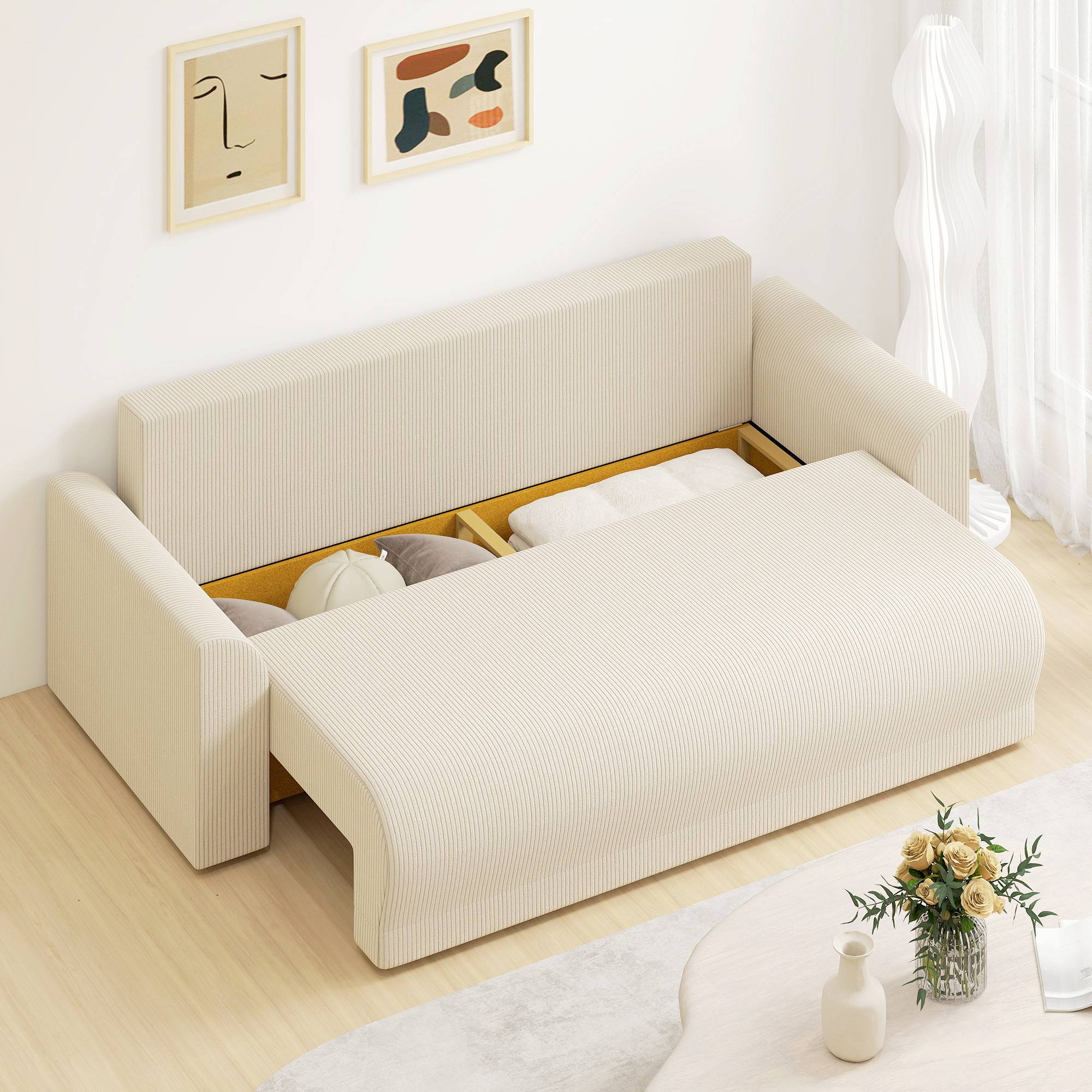 Canapé-lit 3 places 230 cm avec fonction couchage, coussins, espace de rangement, aspect velours côtelé, beige, idéal pour le salon. - Image 3