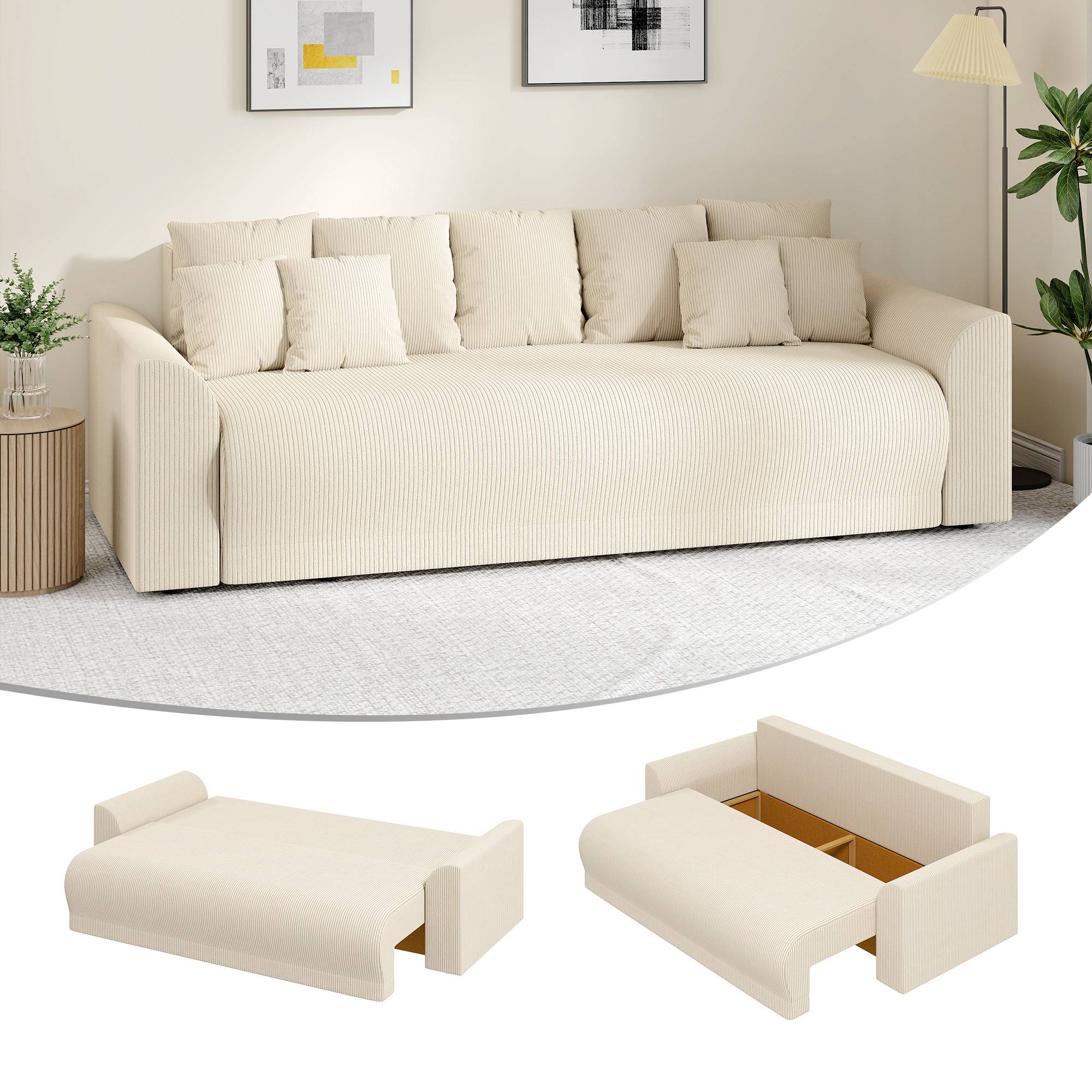 Canapé-lit 3 places 230 cm avec fonction couchage, coussins, espace de rangement, aspect velours côtelé, beige, idéal pour le salon. - Image 1