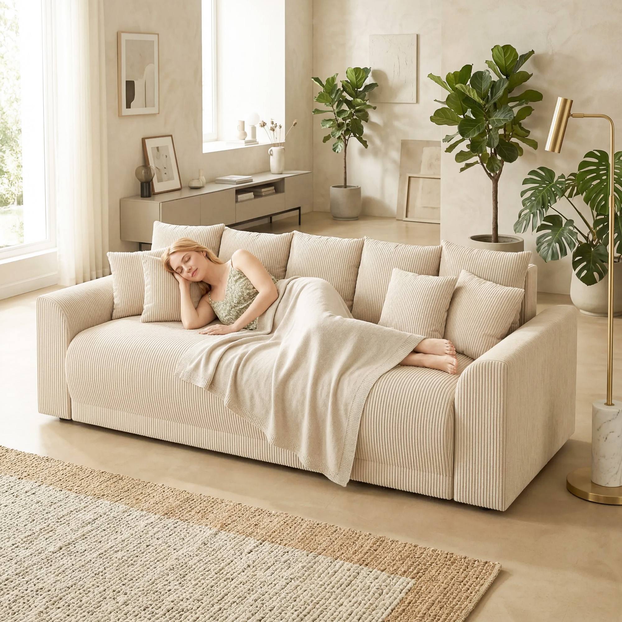 Canapé-lit 3 places 230 cm avec fonction couchage, coussins, espace de rangement, aspect velours côtelé, beige, idéal pour le salon. - Image 10