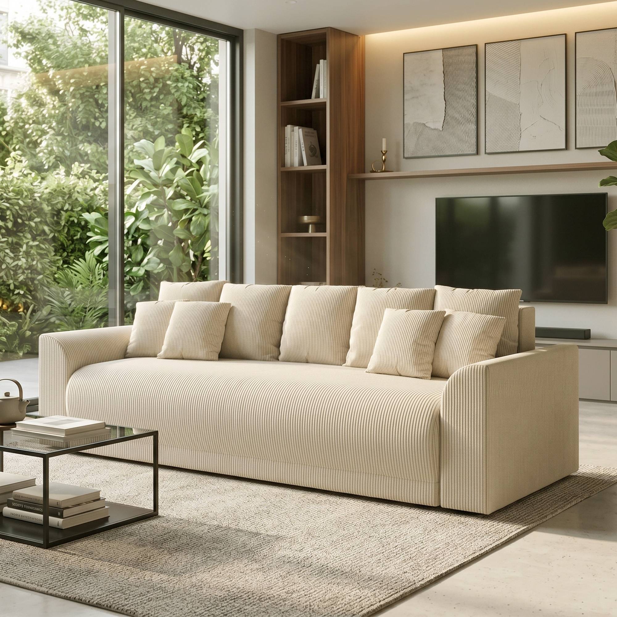 Canapé-lit 3 places 230 cm avec fonction couchage, coussins, espace de rangement, aspect velours côtelé, beige, idéal pour le salon. - Image 4