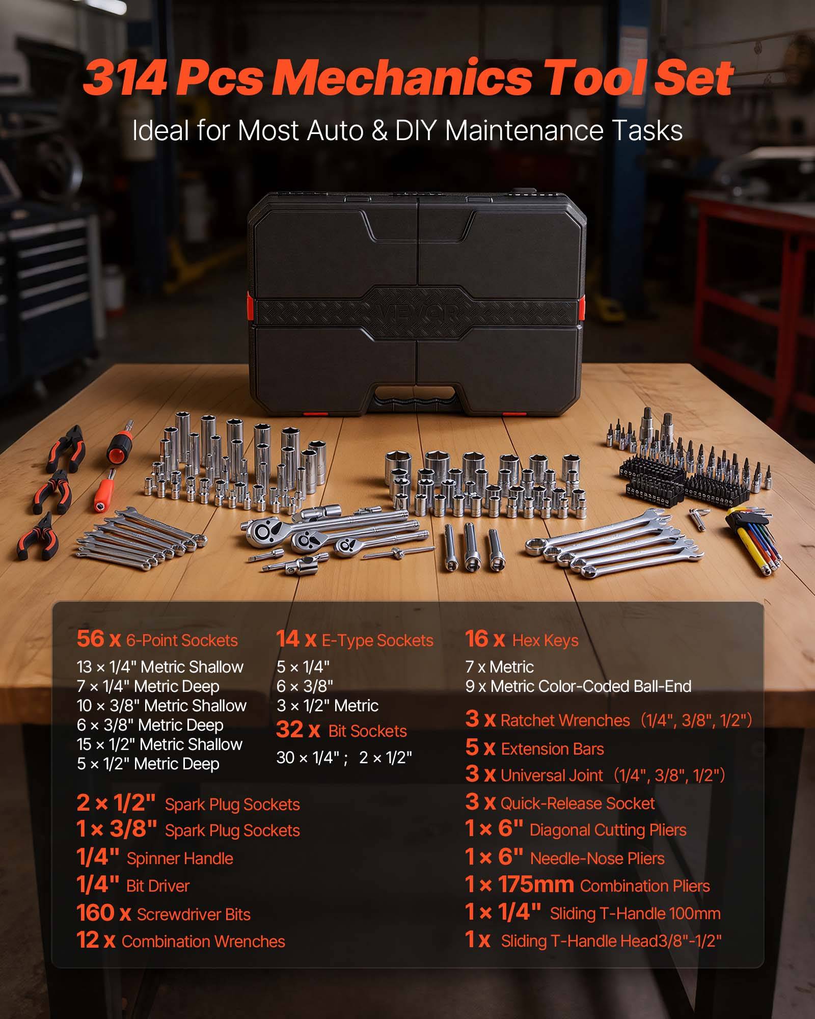 Vevor - VEVOR Coffret d'outils mécanicien 314 pcs, douilles métriques CR‑V, embouts et clés, mallette robuste pour réparation auto et bricolage. - Image 3
