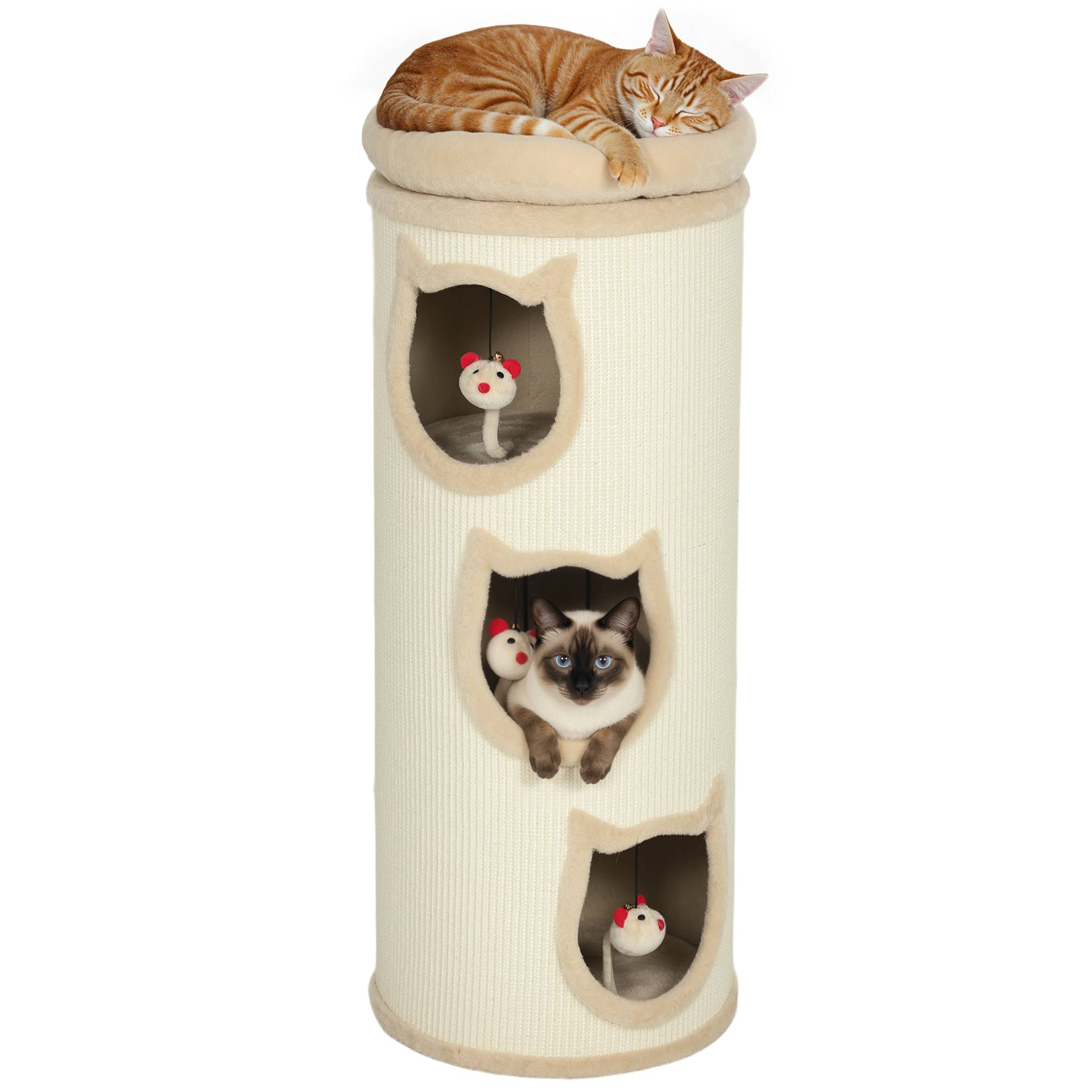 Griffoir pour chat de 96 cm de haut avec 3 niches et un couchage supérieur amovible et lavable, couleur crème. - Image 1