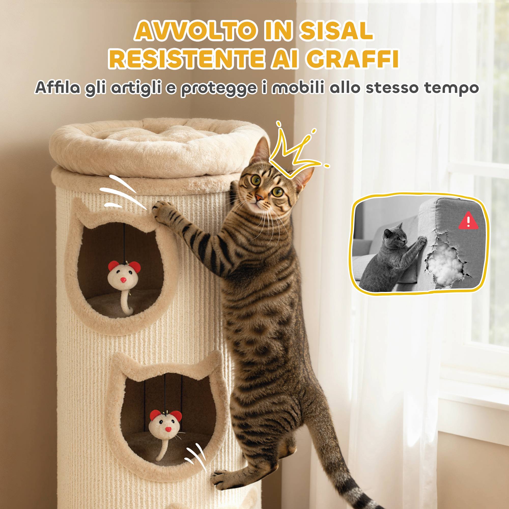Griffoir pour chat de 96 cm de haut avec 3 niches et un couchage supérieur amovible et lavable, couleur crème. - Image 7