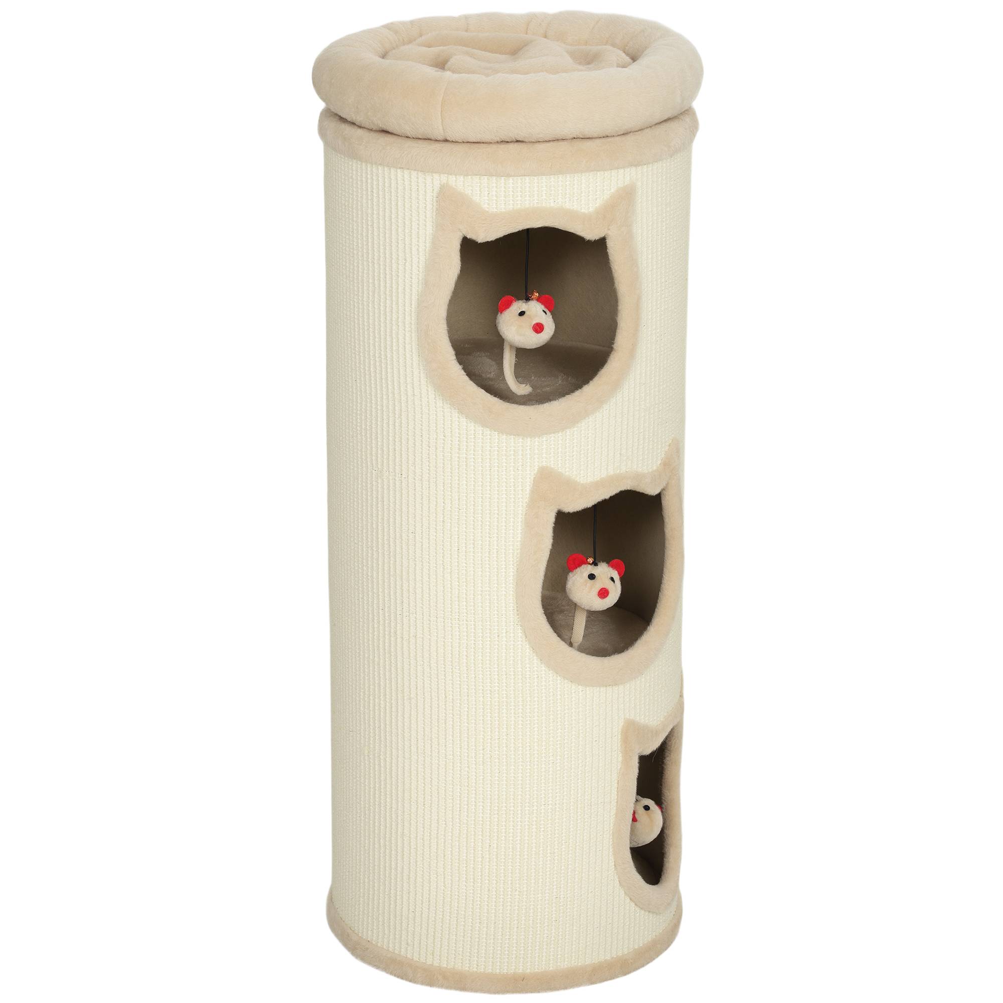 Griffoir pour chat de 96 cm de haut avec 3 niches et un couchage supérieur amovible et lavable, couleur crème. - Image 2