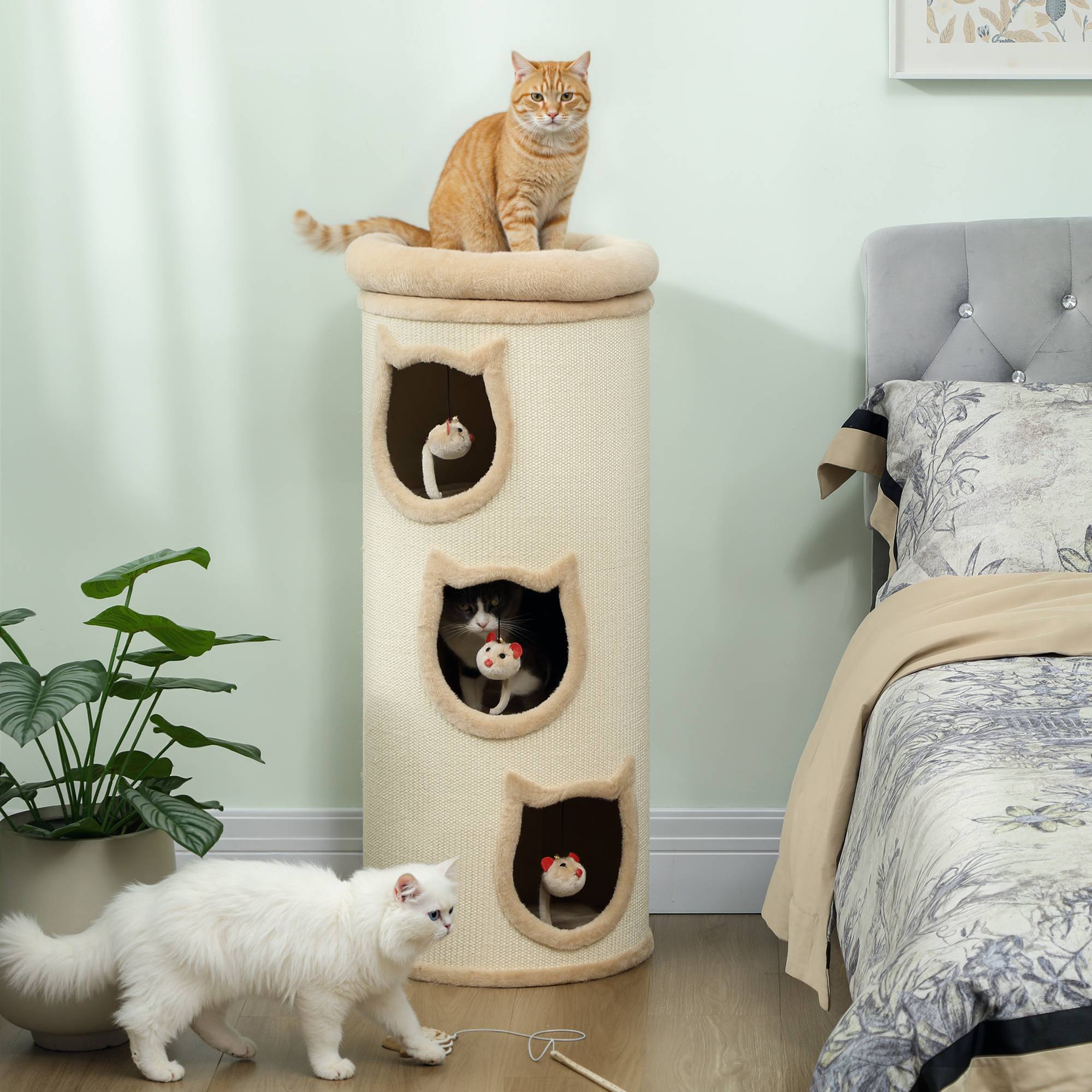 Griffoir pour chat de 96 cm de haut avec 3 niches et un couchage supérieur amovible et lavable, couleur crème. - Image 3