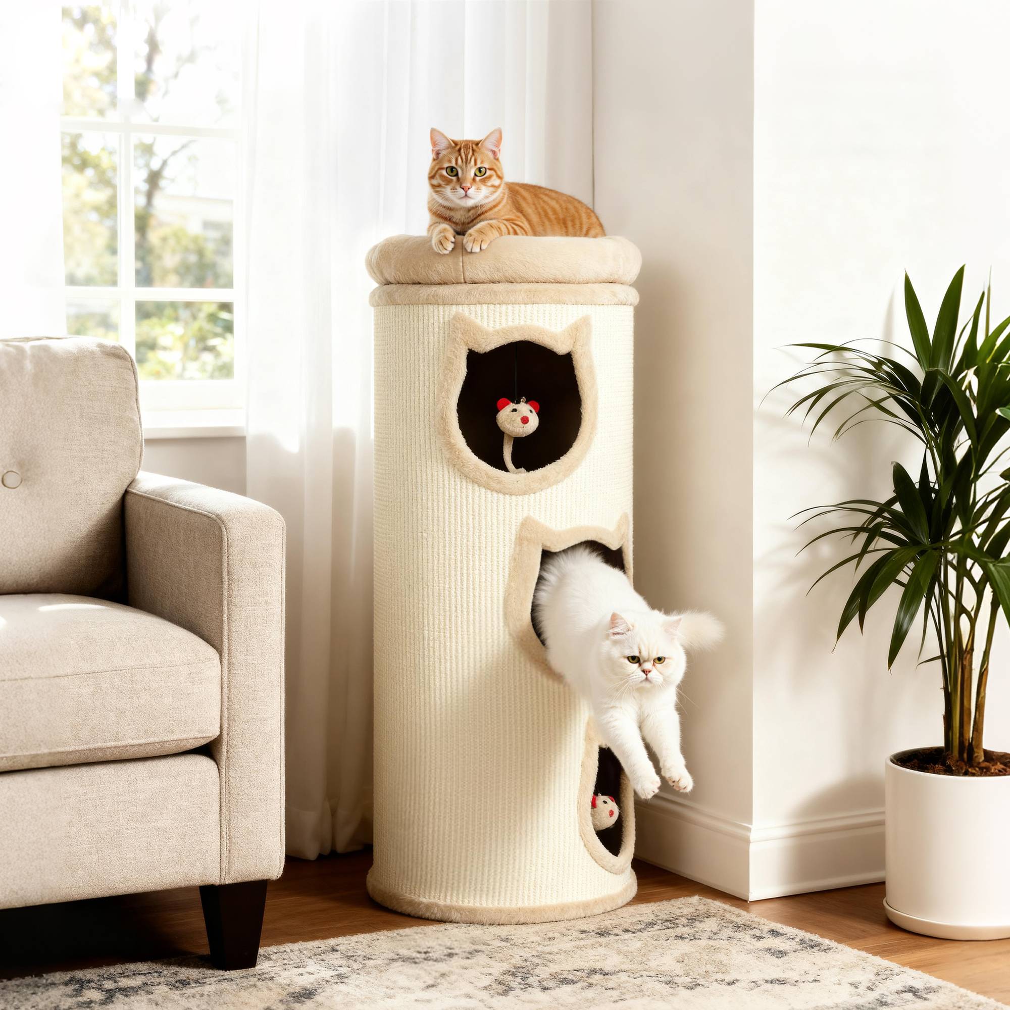 Griffoir pour chat de 96 cm de haut avec 3 niches et un couchage supérieur amovible et lavable, couleur crème. - Image 4