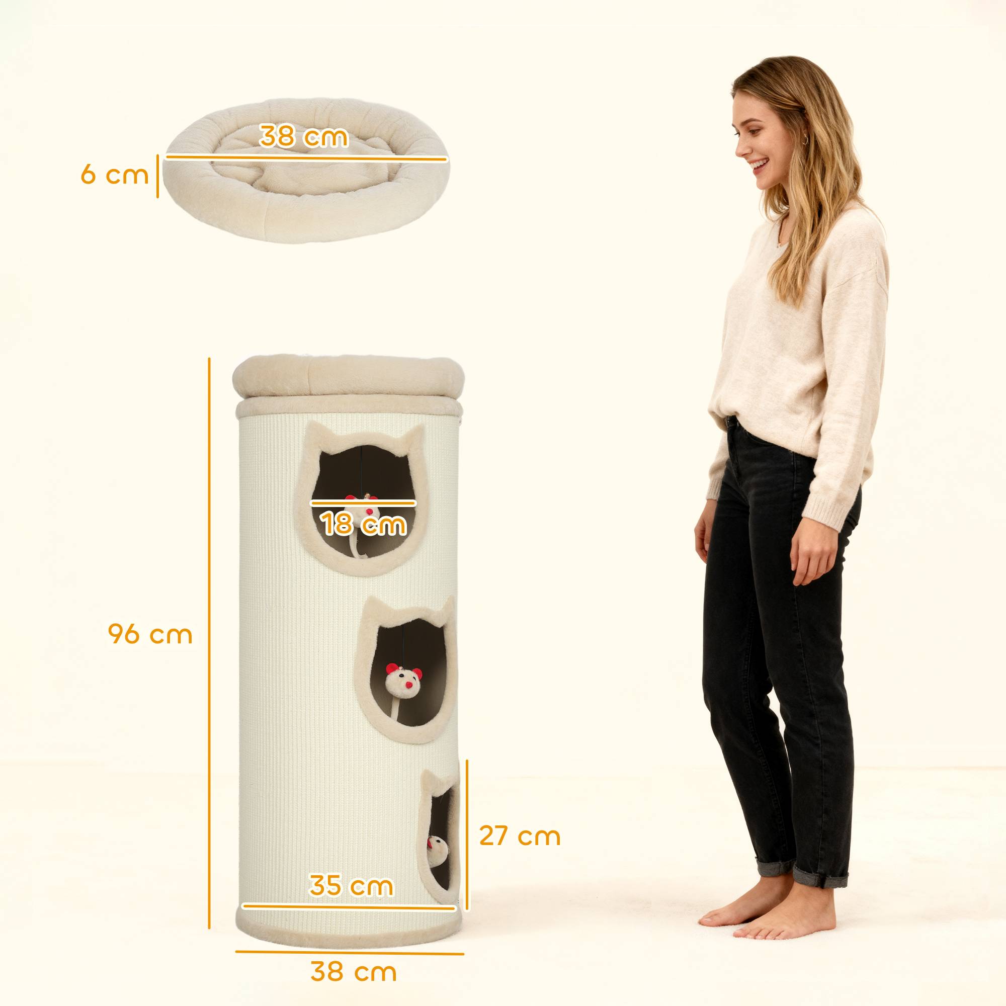 Griffoir pour chat de 96 cm de haut avec 3 niches et un couchage supérieur amovible et lavable, couleur crème. - Image 5