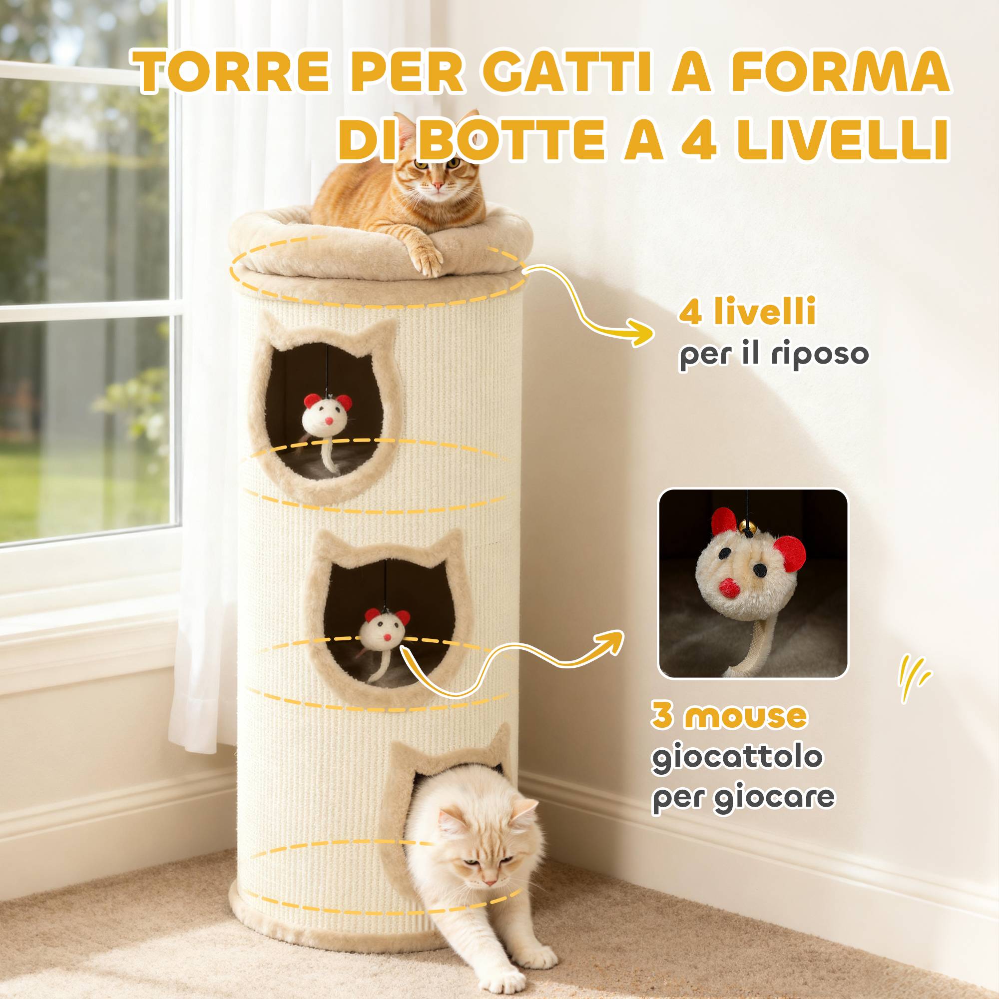 Griffoir pour chat de 96 cm de haut avec 3 niches et un couchage supérieur amovible et lavable, couleur crème. - Image 6