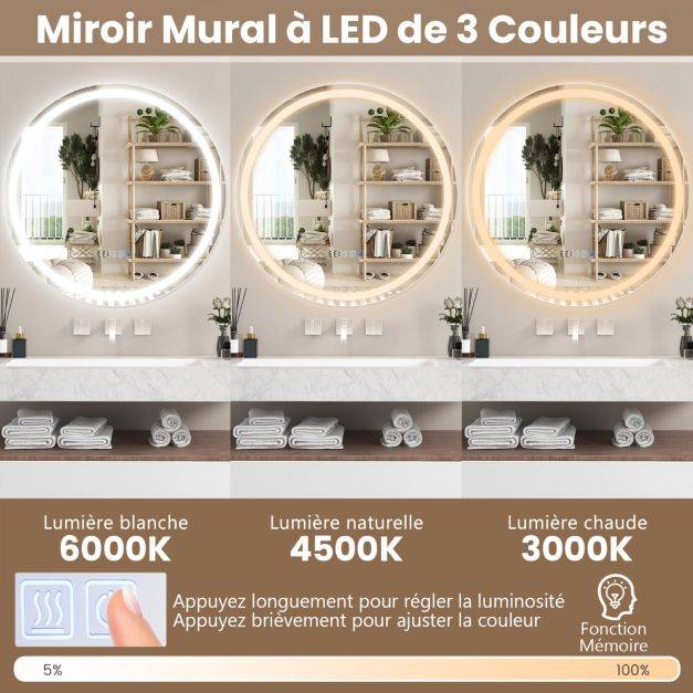 Helloshop26 - Miroir mural led 60 cm miroir rond avec luminosité réglable en continu 3 températures de couleur fonction anti-buée&mémoire miroir argent - Image 2