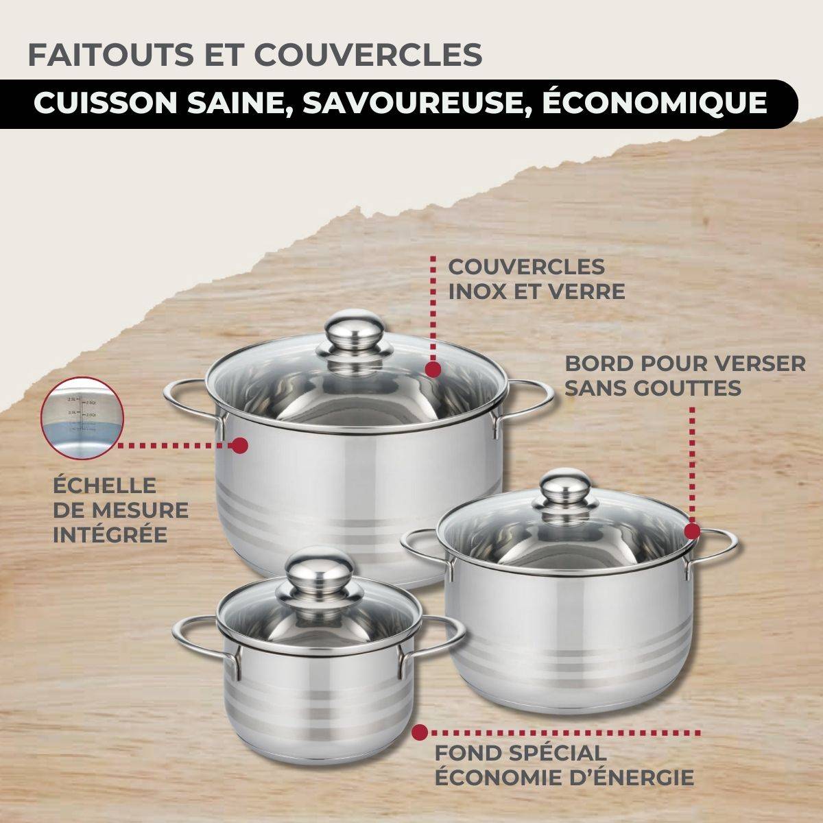 Batterie de cuisine avec 3 faitouts 16/20/24 cm et 1 poêle 20 cm avec 5 ustensiles de cuisine Fackelmann Etherna Brillant Vario - Image 6
