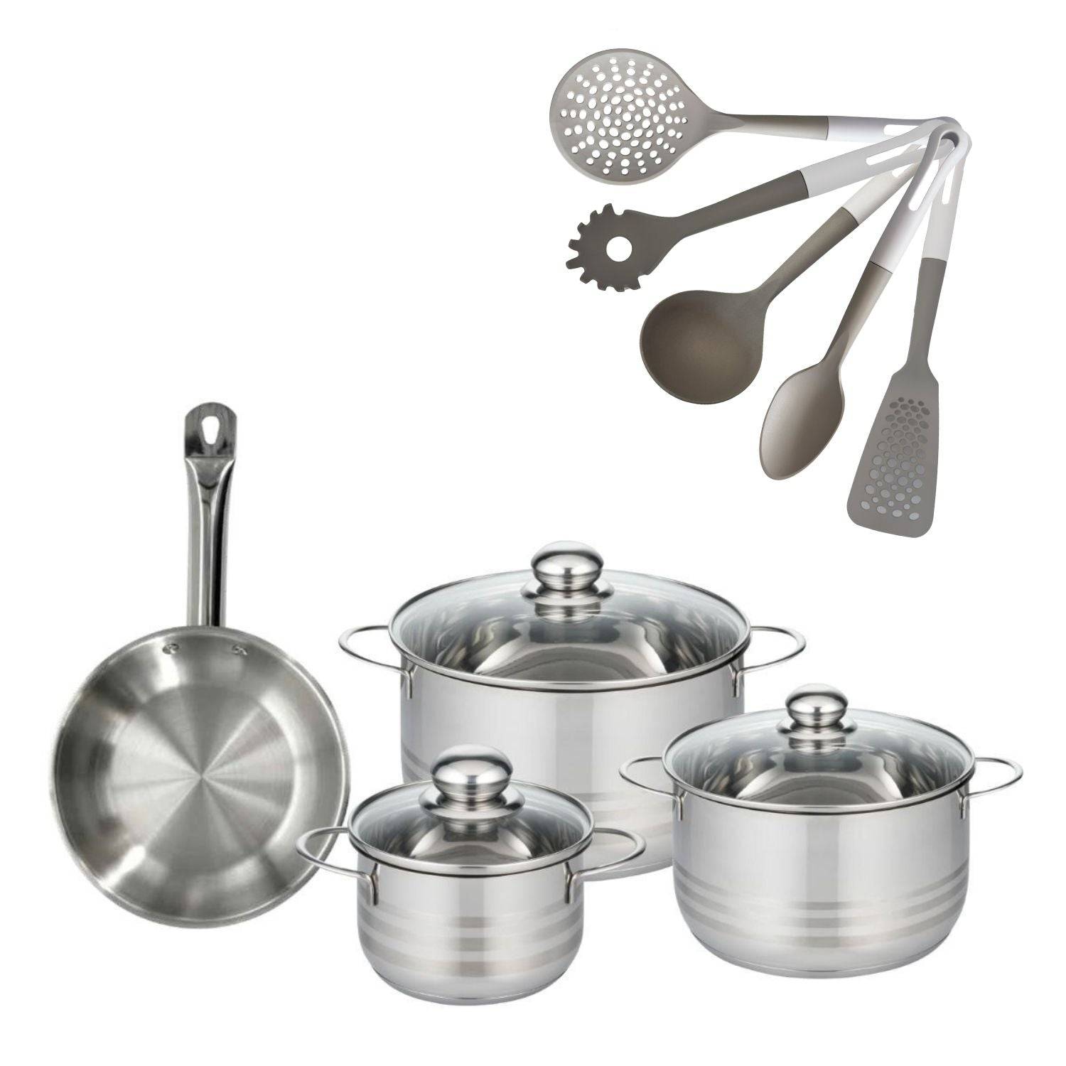 Batterie de cuisine avec 3 faitouts 16/20/24 cm et 1 poêle 20 cm avec 5 ustensiles de cuisine Fackelmann Etherna Brillant Vario - Image 1