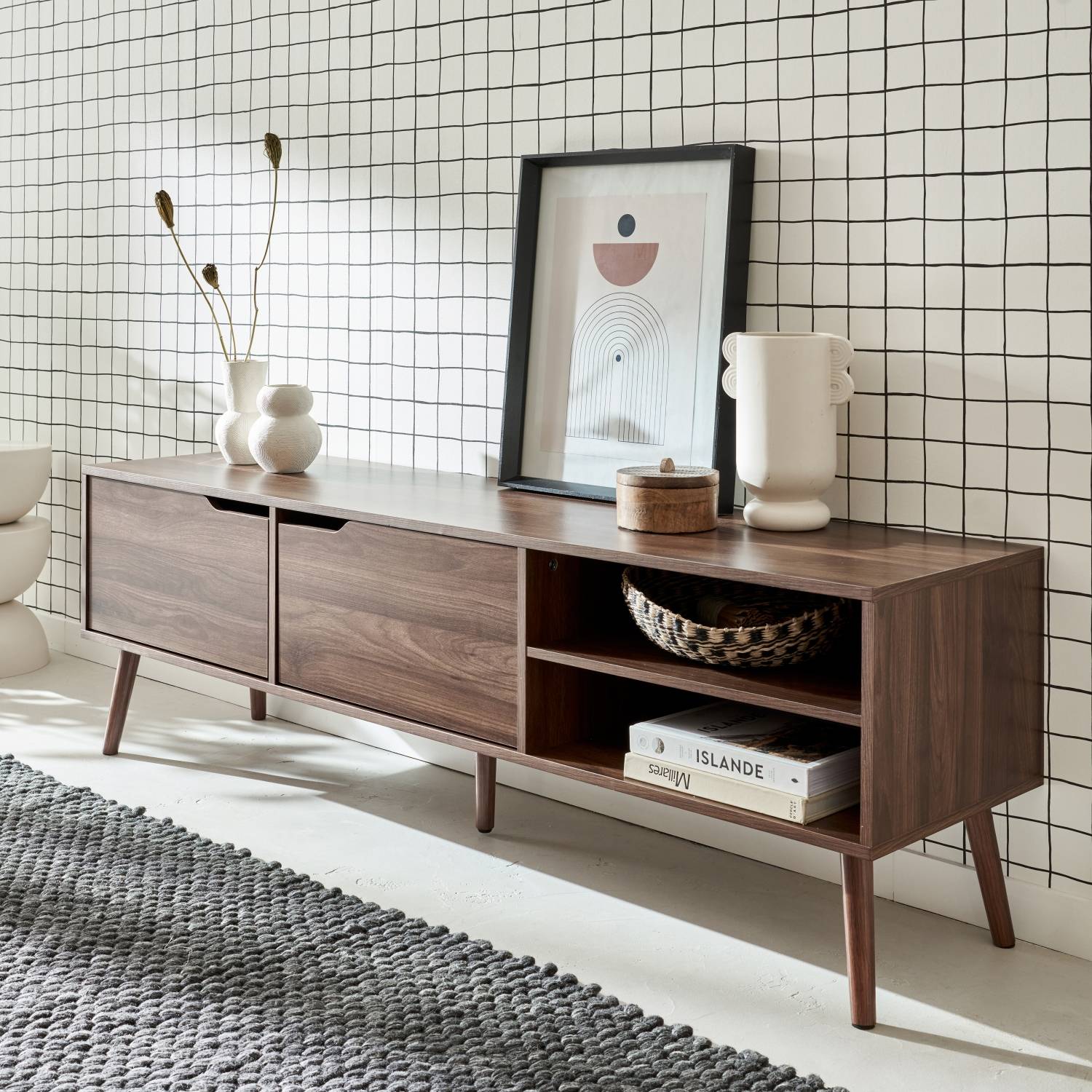 sweeek - Meuble TV décor bois de noyer. 2 portes. 1 étagère. 160cm | sweeek - Image 1