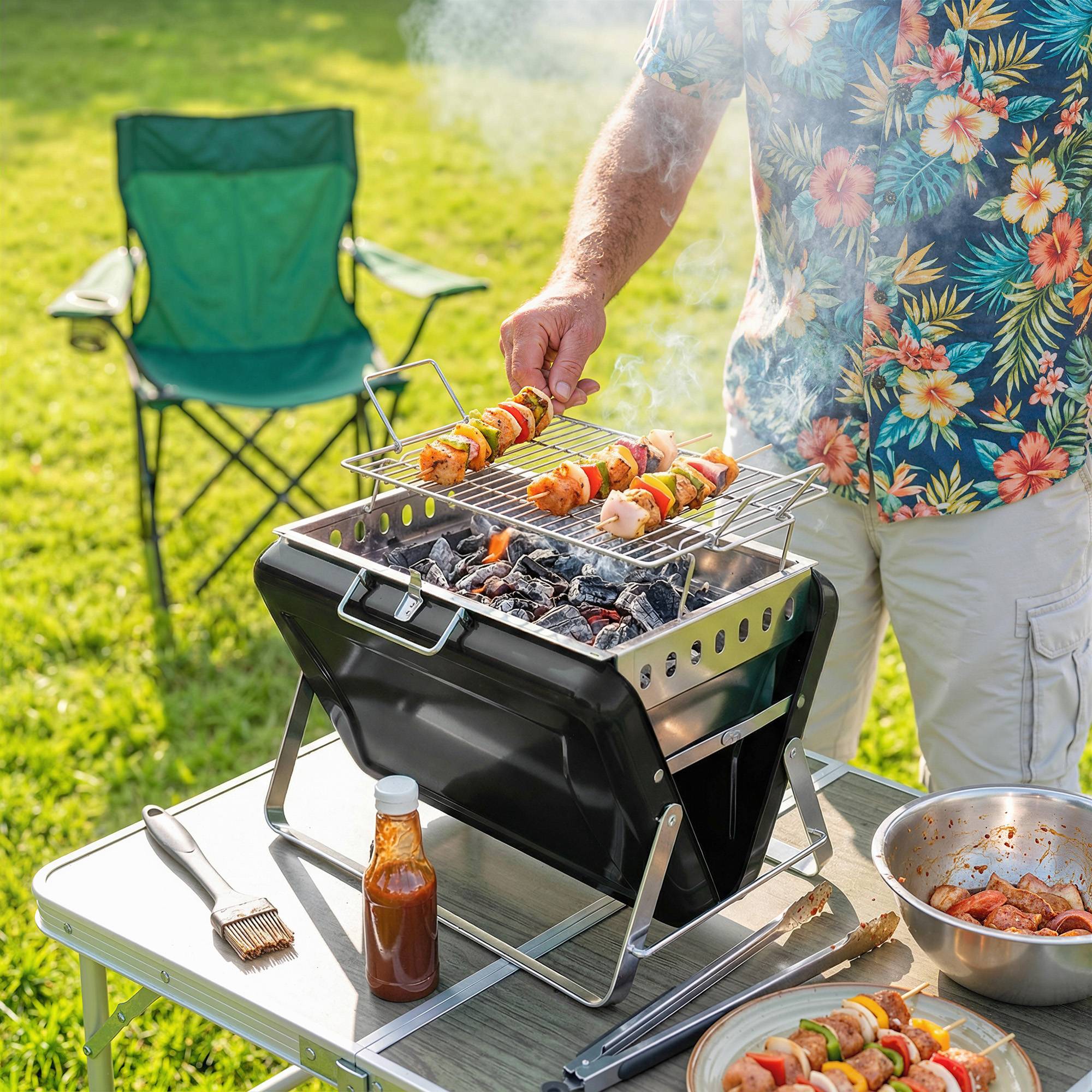 Sans Marque - Holzkohlegrill aus Edelstahl BBQ Smoker mit Grillrost Griff klappbaren Beinen für Barbeque Camping 40x28x25,5cm Schwarz - Image 3
