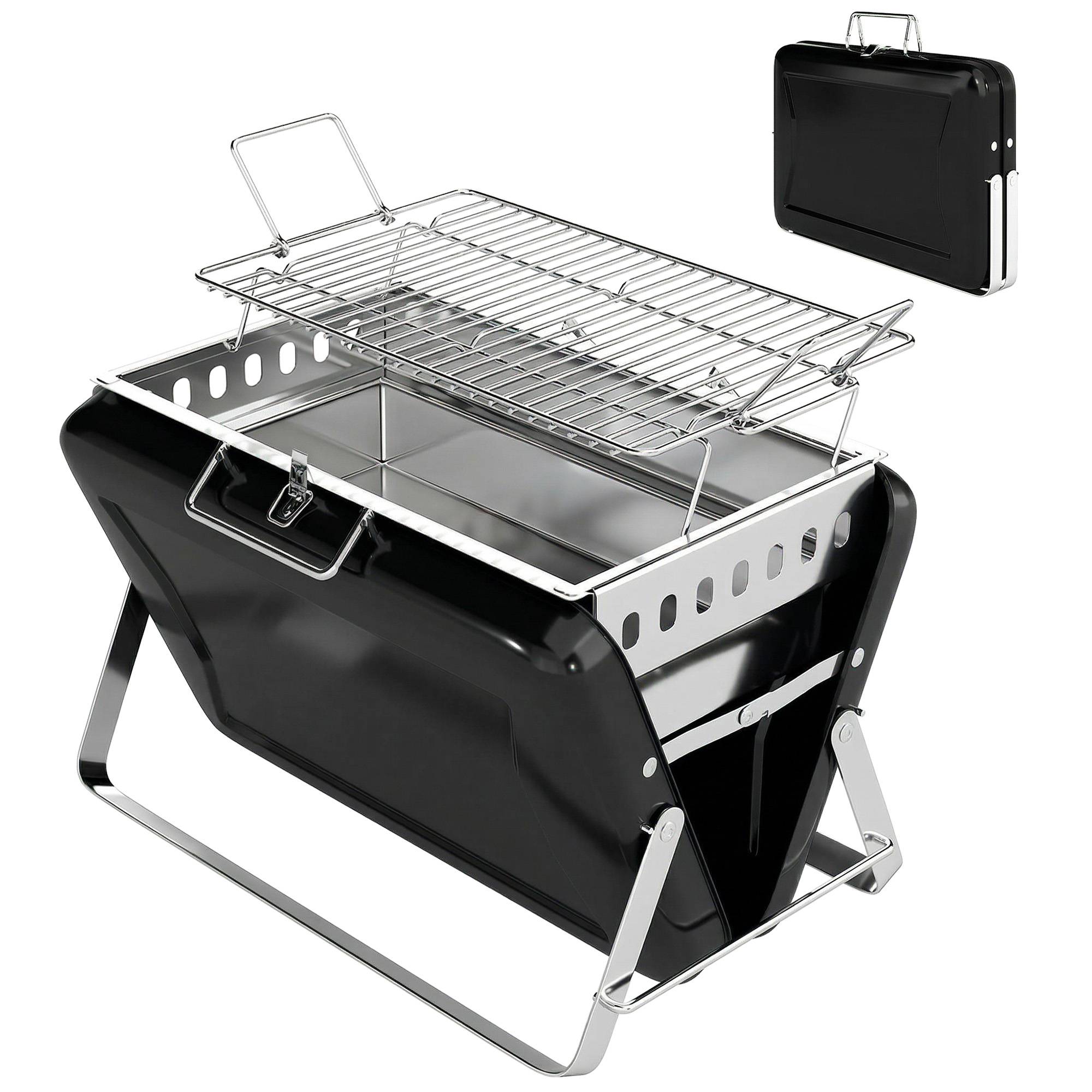Sans Marque - Holzkohlegrill aus Edelstahl BBQ Smoker mit Grillrost Griff klappbaren Beinen für Barbeque Camping 40x28x25,5cm Schwarz - Image 2