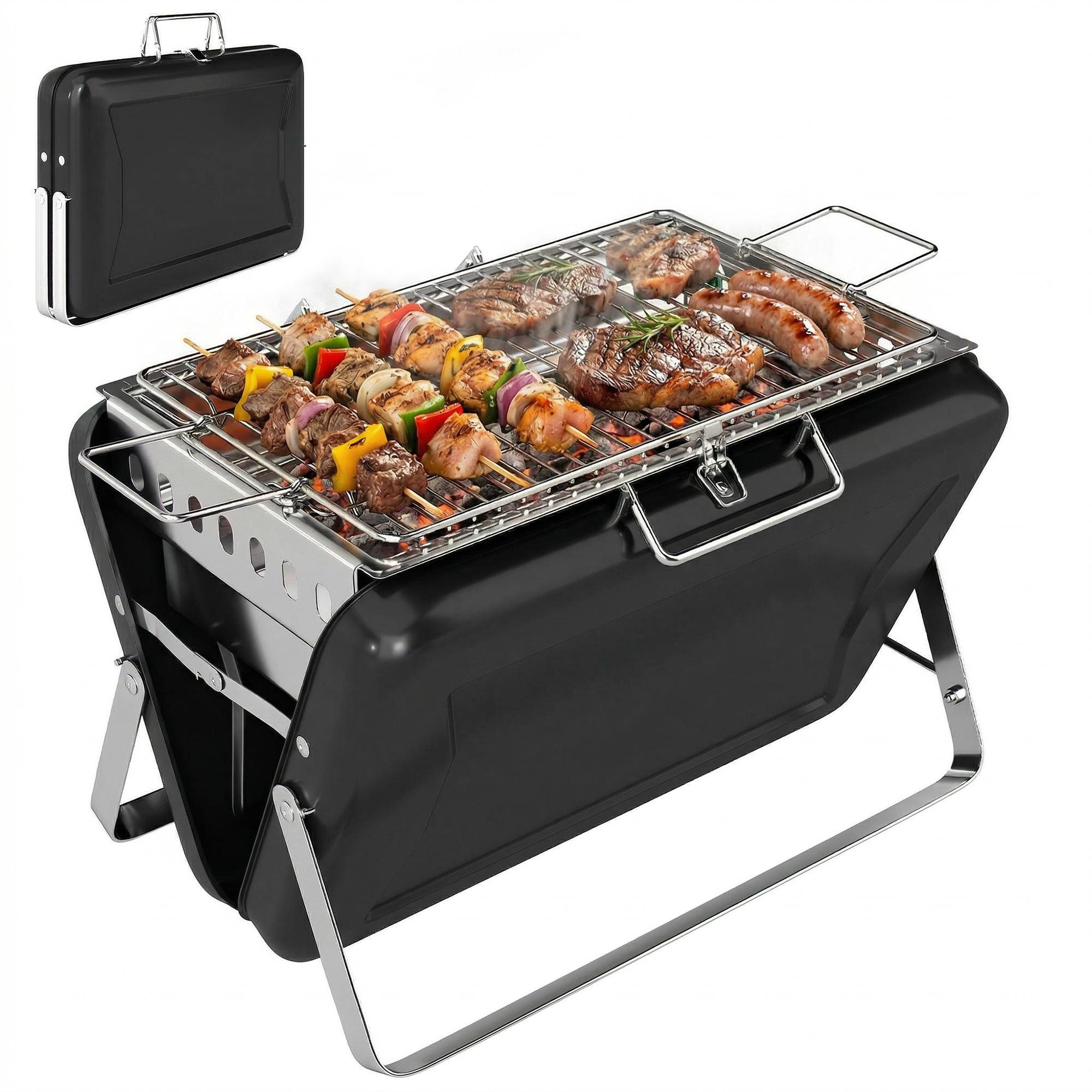 Sans Marque - Holzkohlegrill aus Edelstahl BBQ Smoker mit Grillrost Griff klappbaren Beinen für Barbeque Camping 40x28x25,5cm Schwarz - Image 1