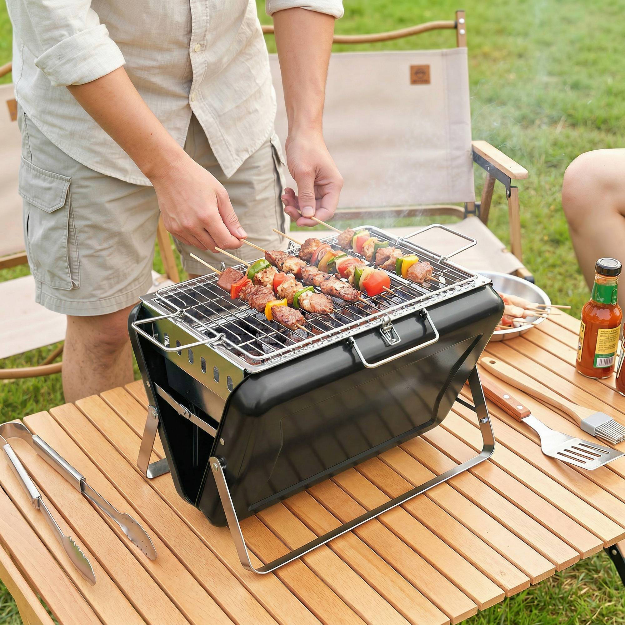 Sans Marque - Holzkohlegrill aus Edelstahl BBQ Smoker mit Grillrost Griff klappbaren Beinen für Barbeque Camping 40x28x25,5cm Schwarz - Image 4