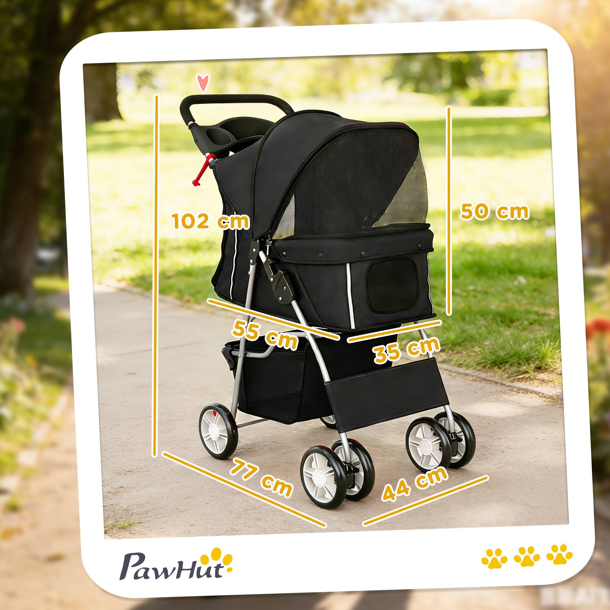 Poussette pour petit chien avec panier de rangement, porte-gobelet, roues et coussin lavable 77 x 44 x 102 cm Noir - Image 5