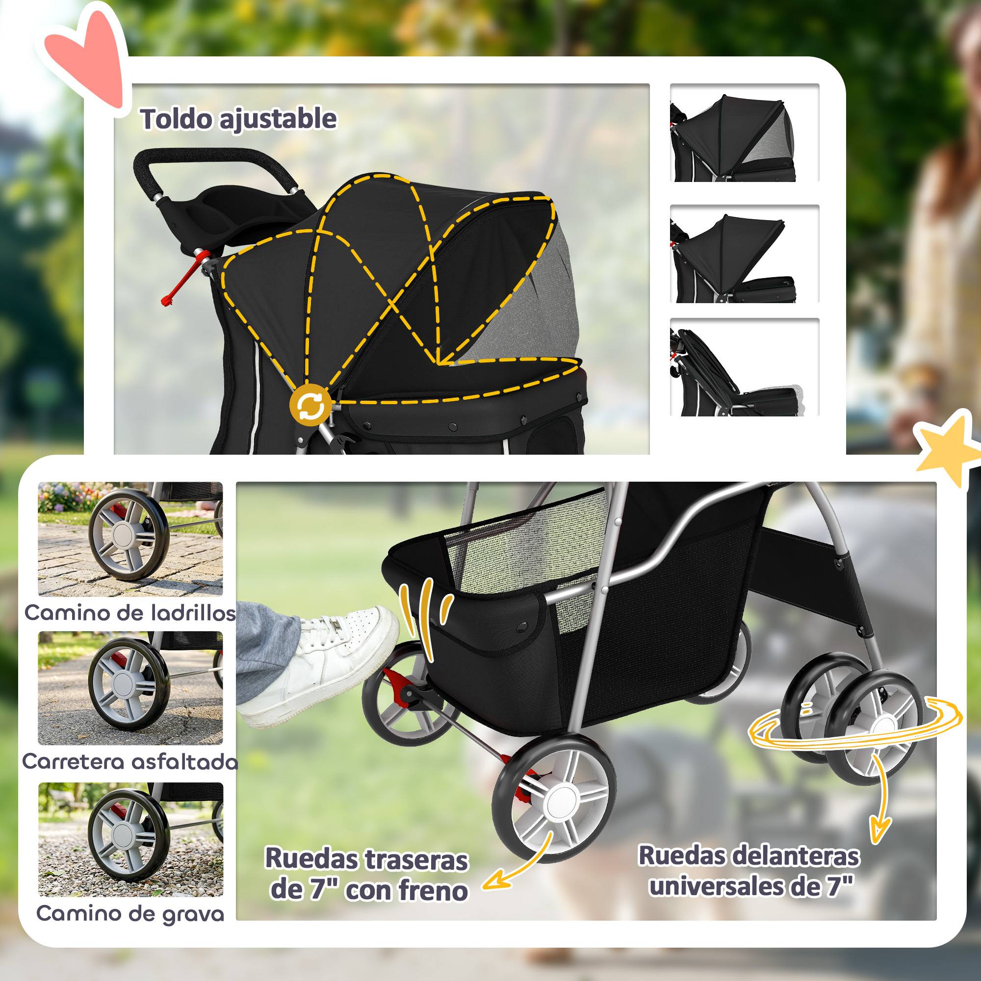 Poussette pour petit chien avec panier de rangement, porte-gobelet, roues et coussin lavable 77 x 44 x 102 cm Noir - Image 8