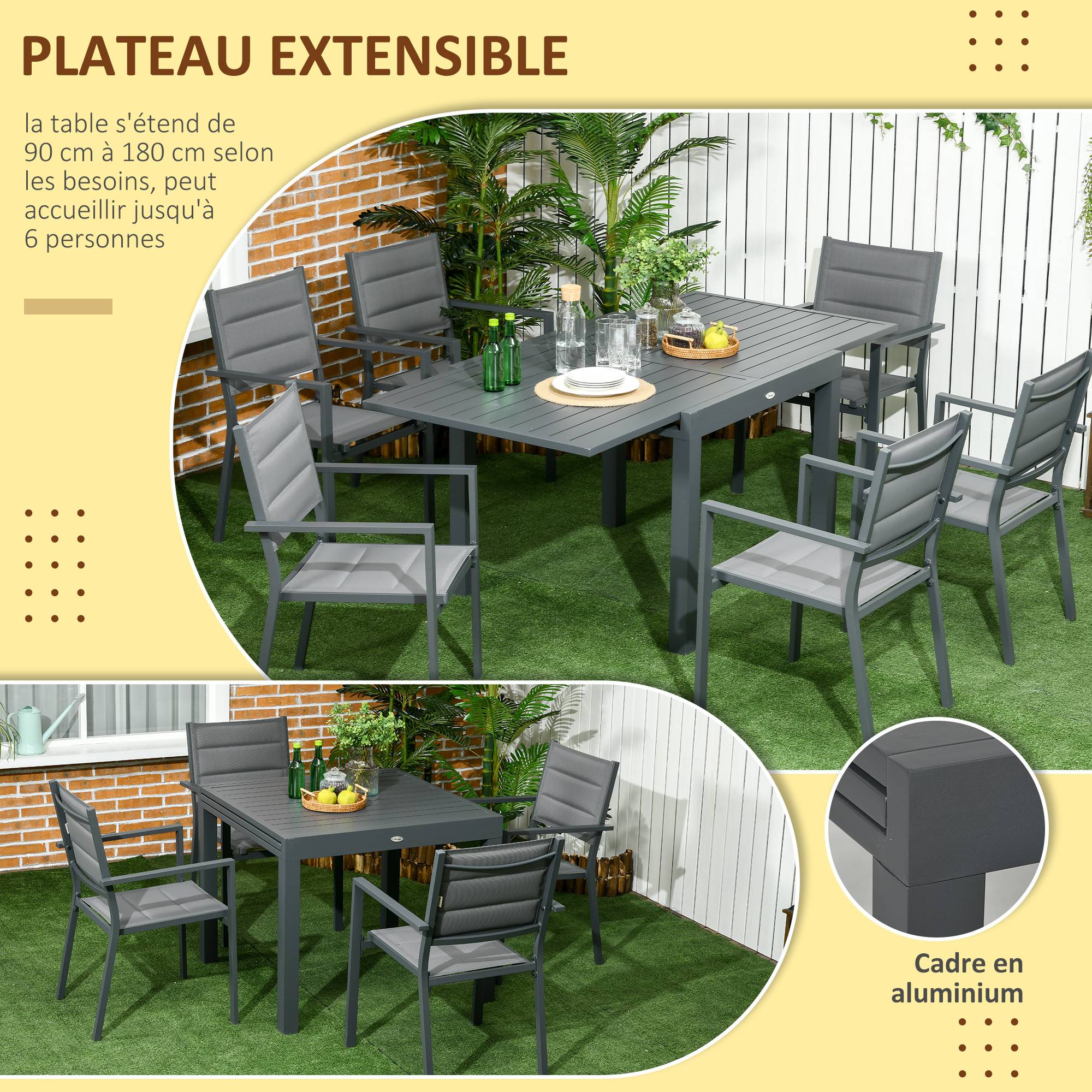 Salon de jardin en aluminium et textilène table extensible 8/12 personnes 12 chaises empilables gris - Image 6