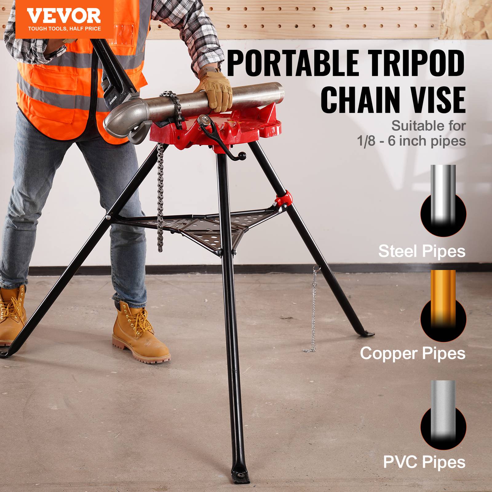 VEVOR Support tuyau/étau à chaîne 3.2-152mm, trépied acier pliable avec plateau à outils, pour cintrage tubes. - Image 2